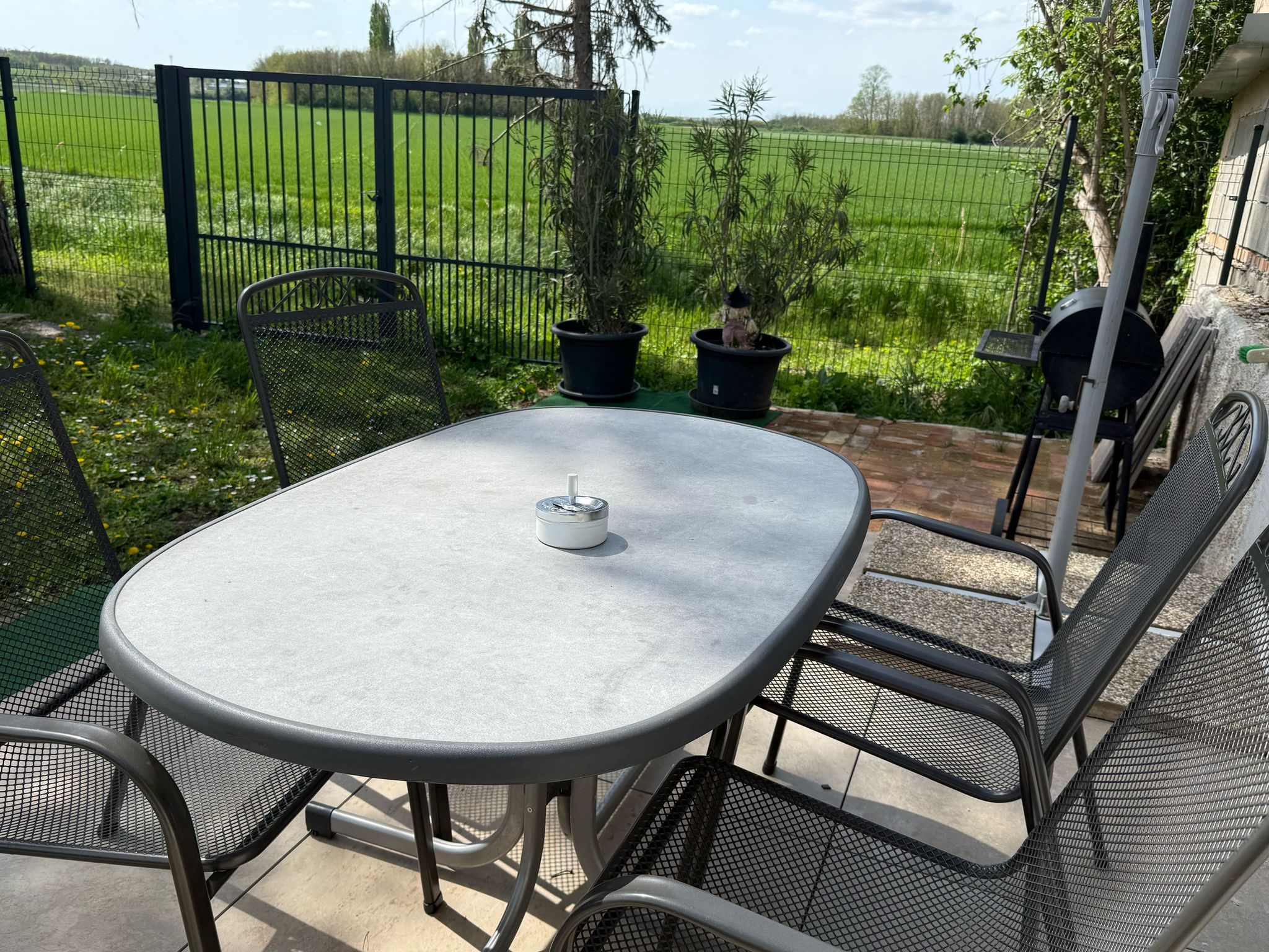 Gartentisch mit Stühlen auf einer Terrasse, umgeben von grünem Rasen und einem Zaun.