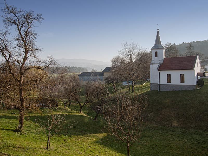 Landschaft mit Kirche und Bäumen bei klarem Himmel.