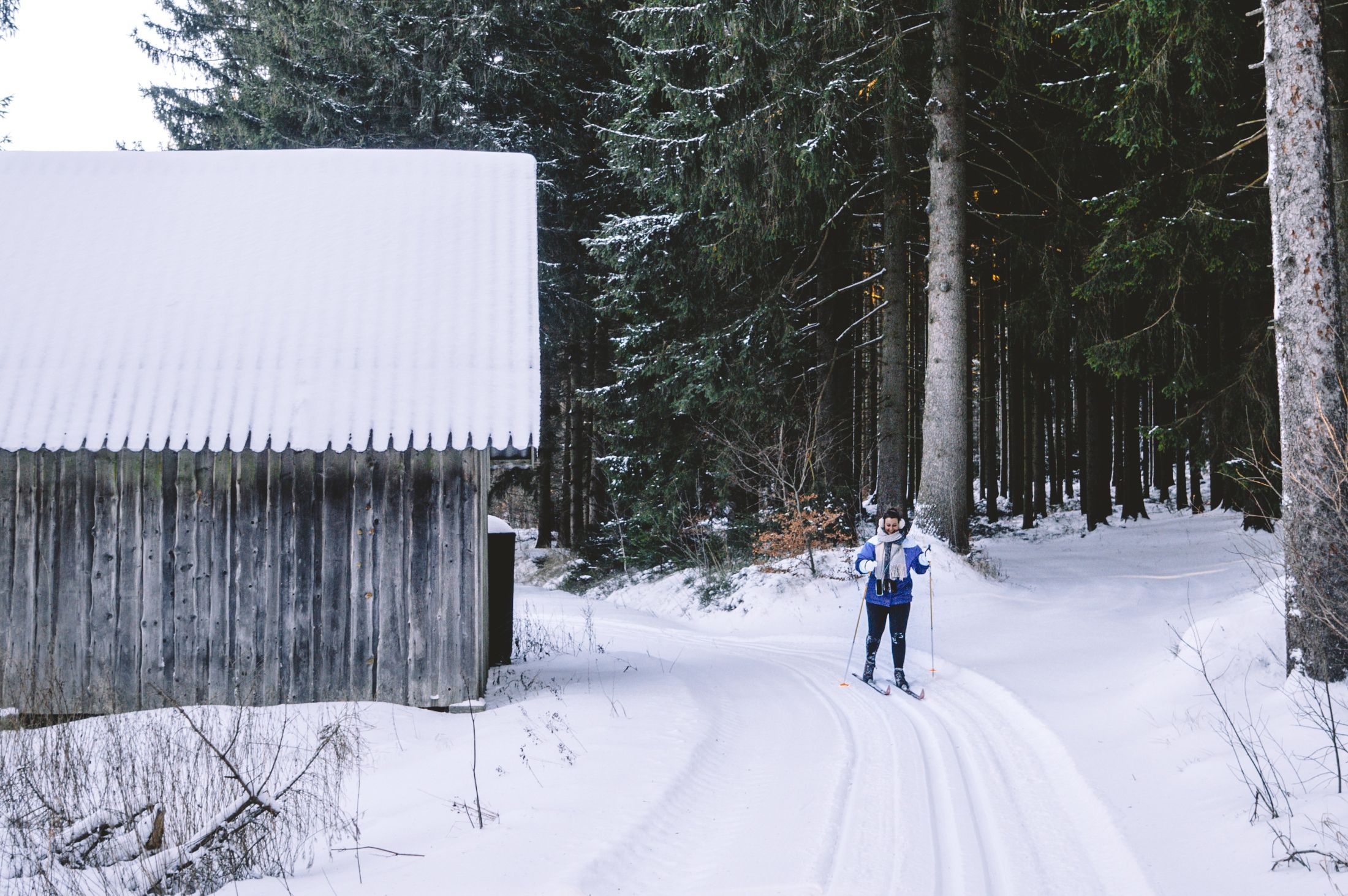 Person beim Skilanglauf im verschneiten Wald neben einer Holzhütte.