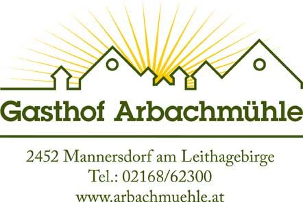 Logo des Gasthofs Arbachmühle mit stilisierten Häusern und Sonnenstrahlen.