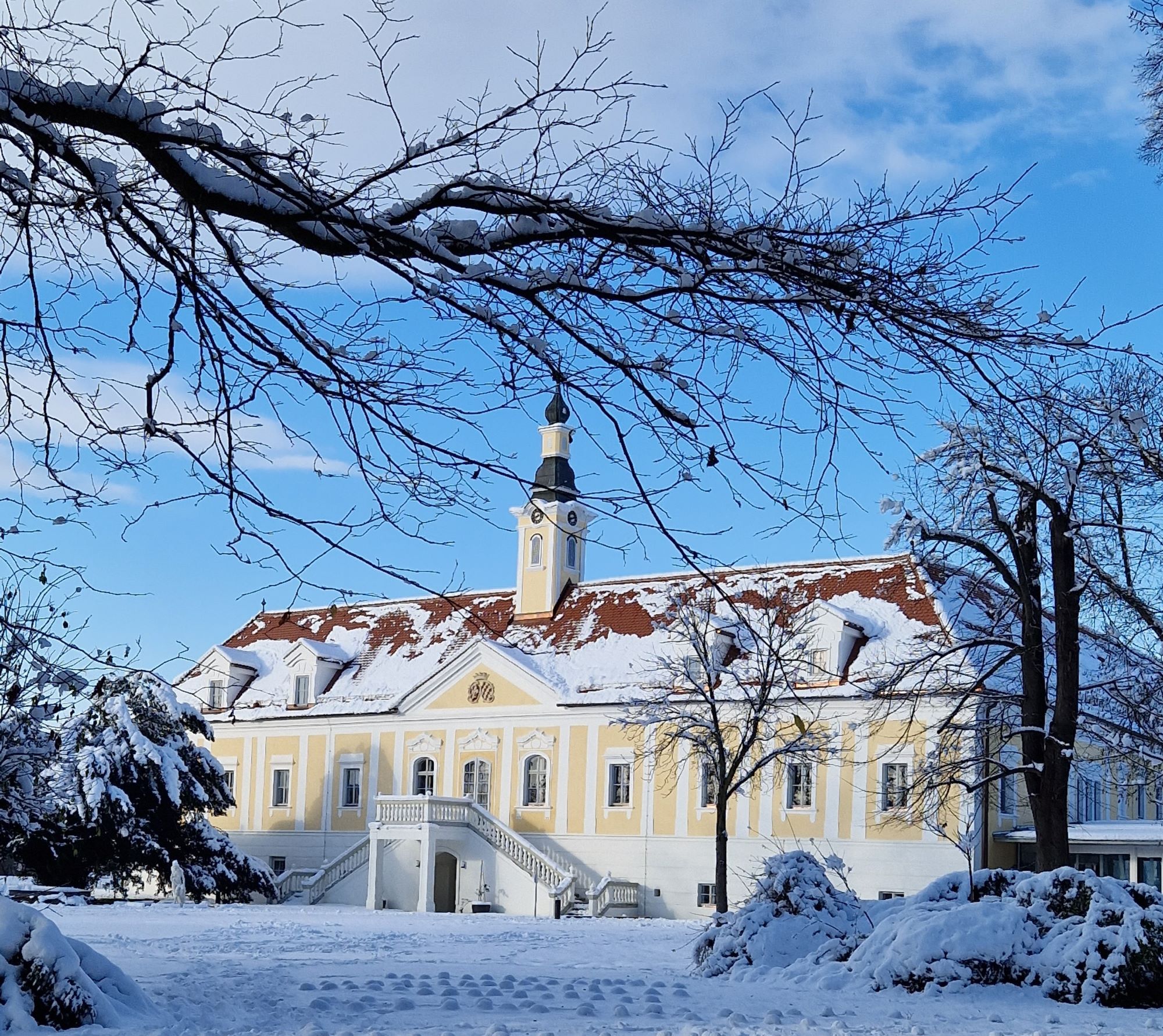 Schloss Haindorf im Winter mit Schnee bedeckt, blauer Himmel und kahle Bäume im Vordergrund.