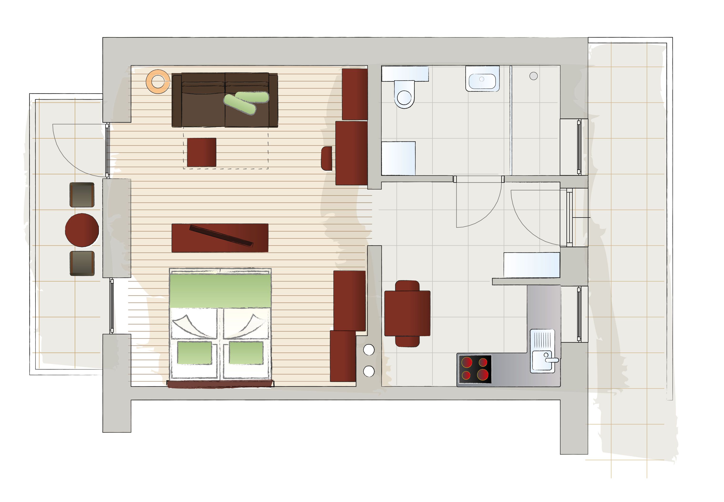 Grundriss einer Wohnung mit Wohnzimmer, Schlafzimmer, Küche, Bad und Balkon.