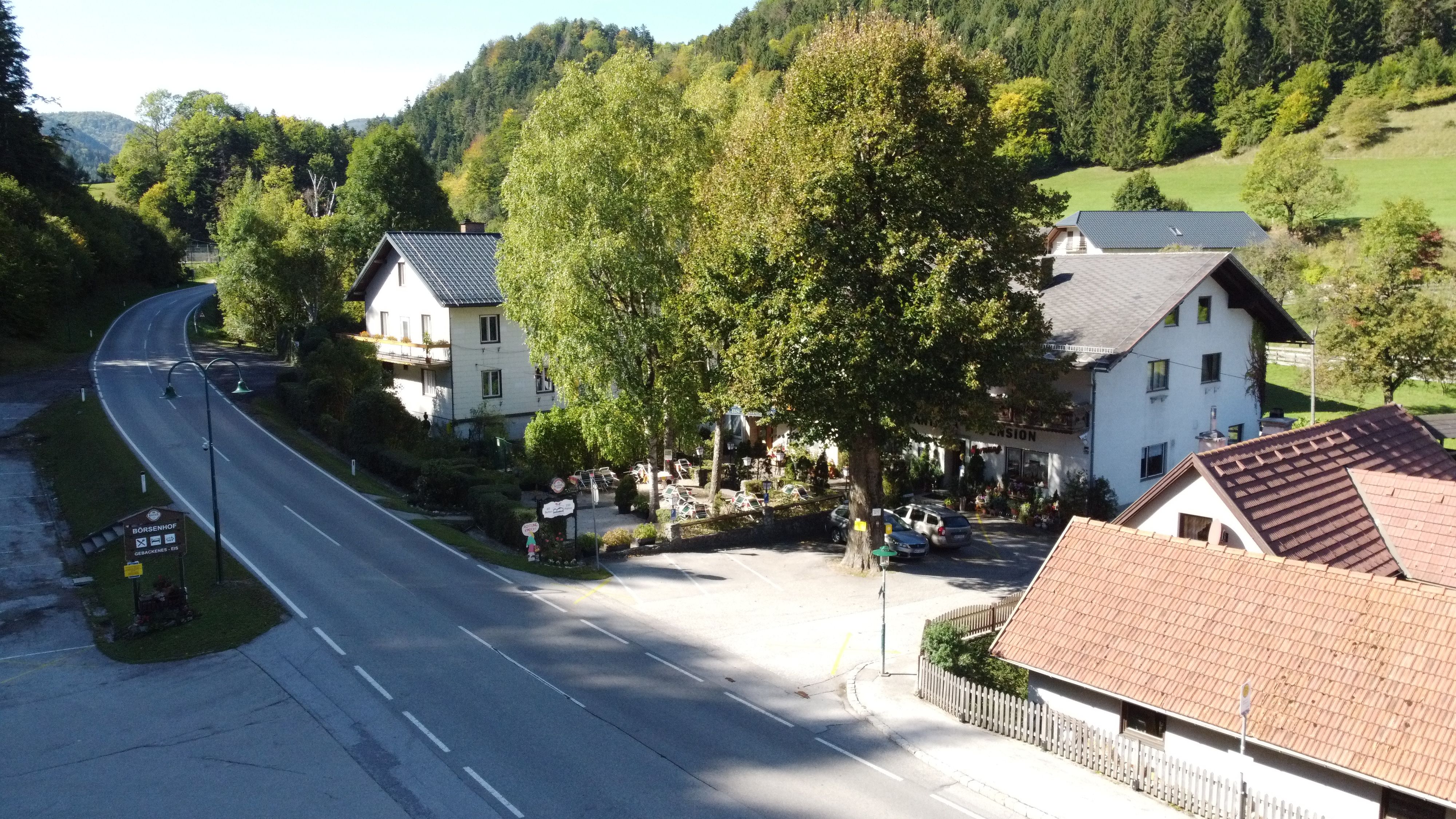 Ländliche Straße mit Häusern und Bäumen in einer grünen Umgebung.