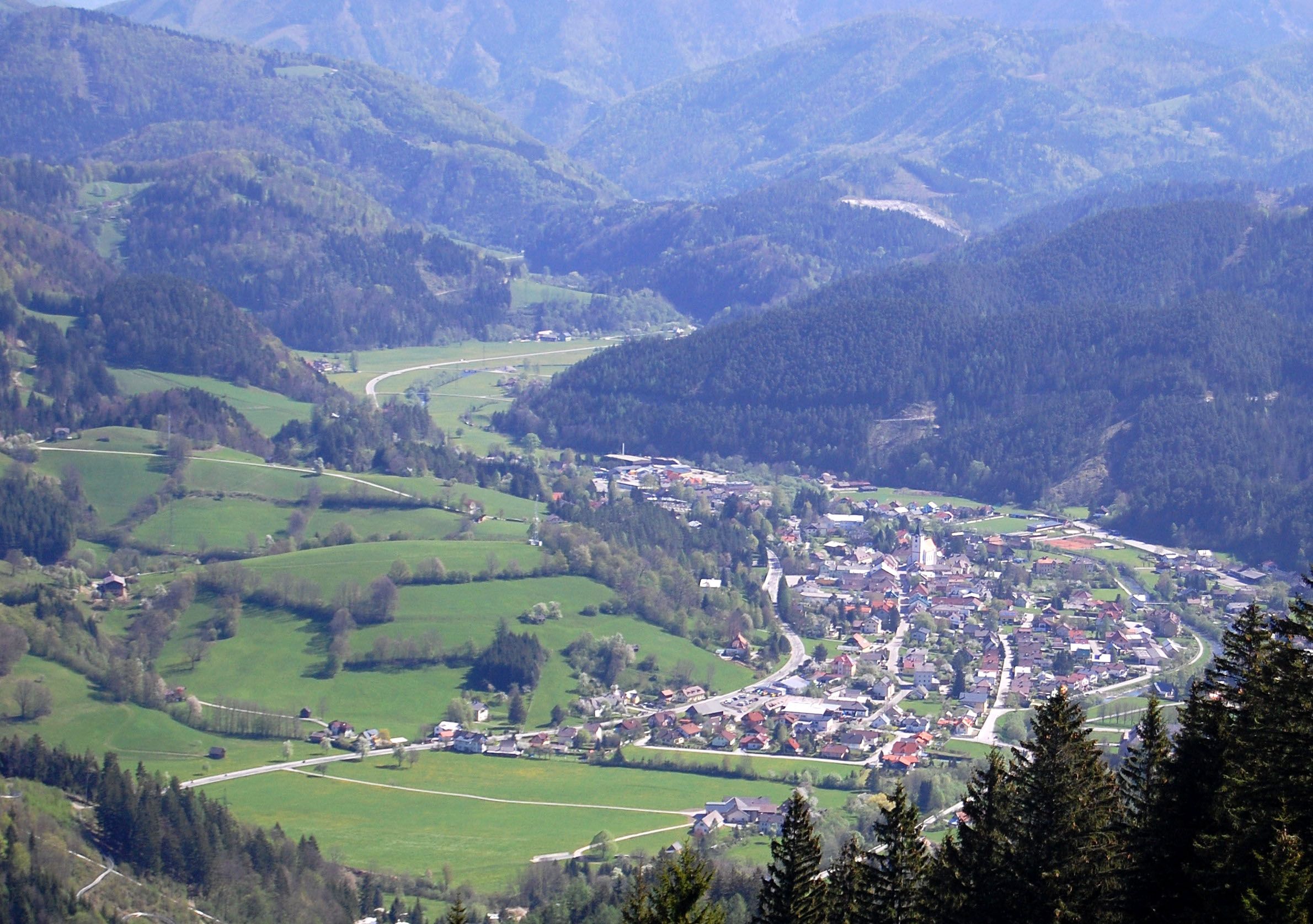 Panoramablick auf das Dorf Türnitz, umgeben von grünen Hügeln und Wäldern.