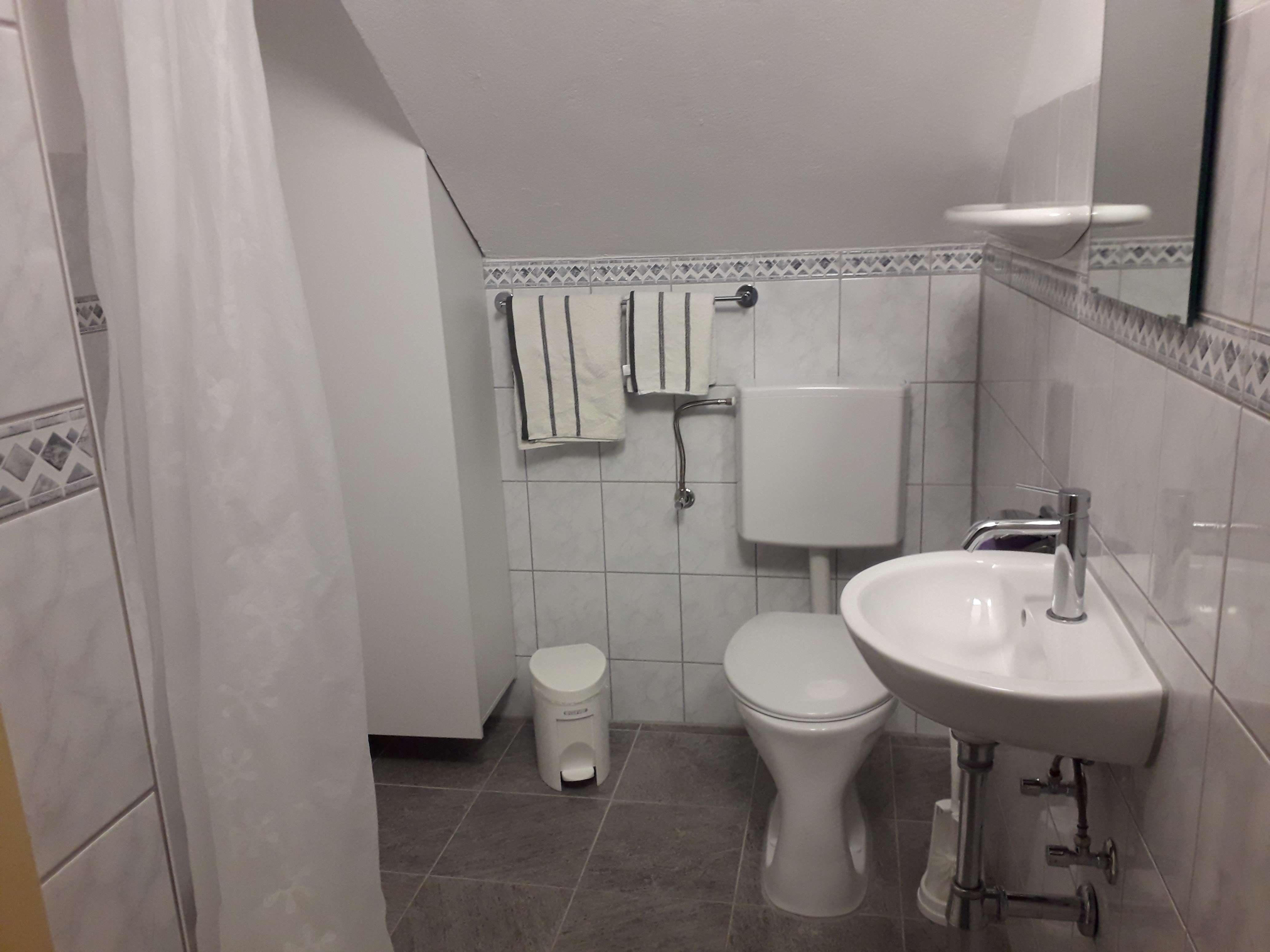 Kleines Badezimmer mit Toilette, Waschbecken und Duschvorhang.
