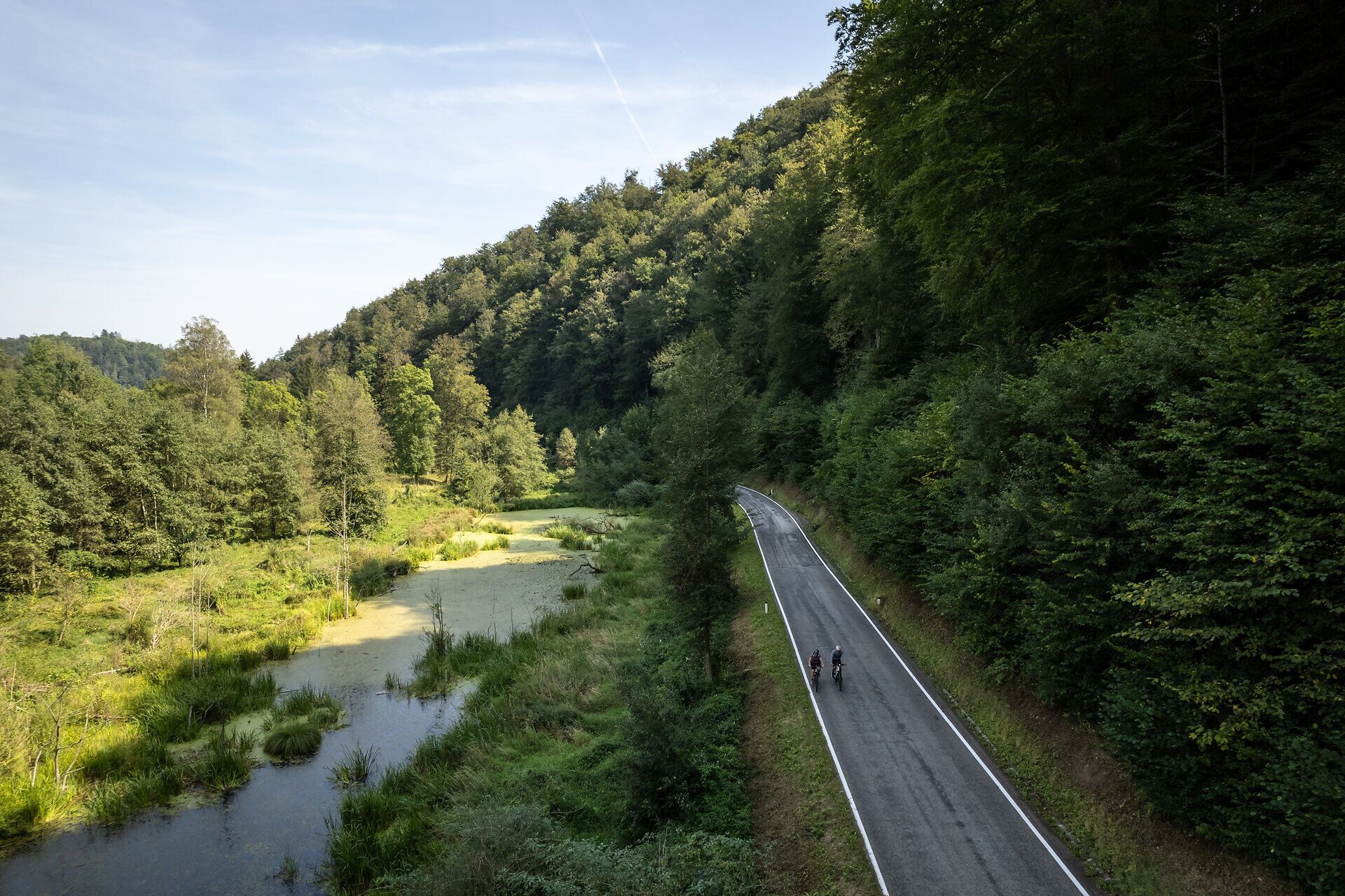 Sanfte Hügel umrahmen den idyllischen Radweg, der sich entlang des glitzernden Wassers schlängelt. Die üppige Vegetation und die ruhige Atmosphäre laden dazu ein, die Natur in vollen Zügen zu genießen und die Seele baumeln zu lassen.