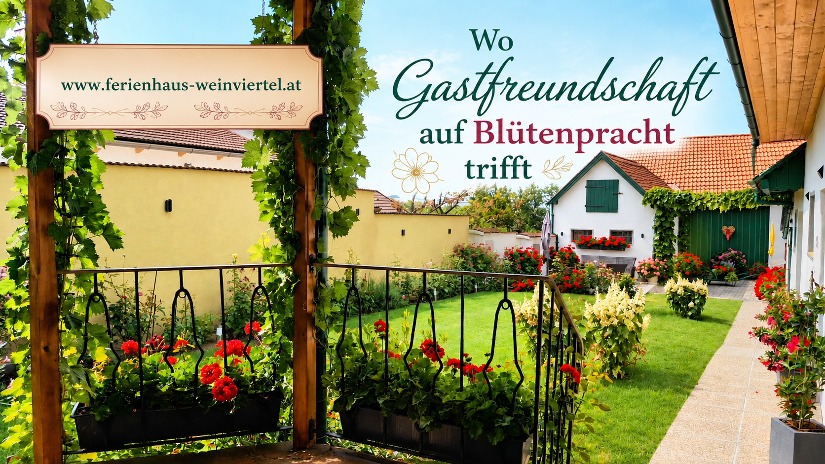 Ein gemütlicher Garten mit blühenden Blumen und einem Ferienhaus im Hintergrund. Ein Schild mit der Aufschrift 'www.ferienhaus-weinviertel.at' ist sichtbar.