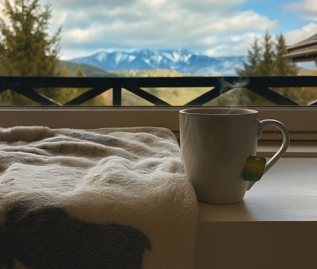 Kuscheldecke und Teetasse stehen am Fenster mit Aussicht auf die Berge