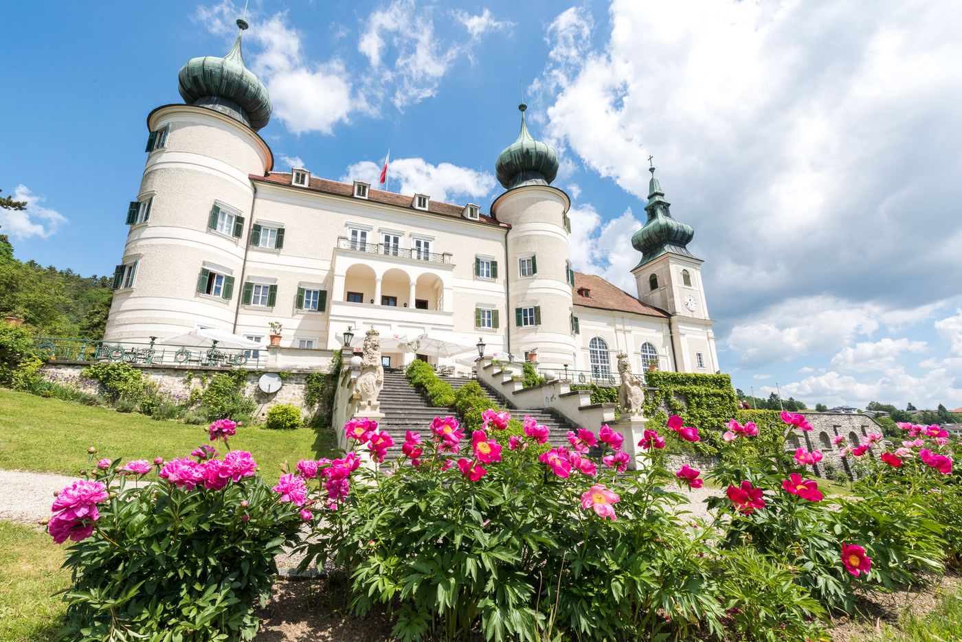 Schloss mit Türmen und Pfingstrosen im Vordergrund, blauer Himmel mit Wolken.