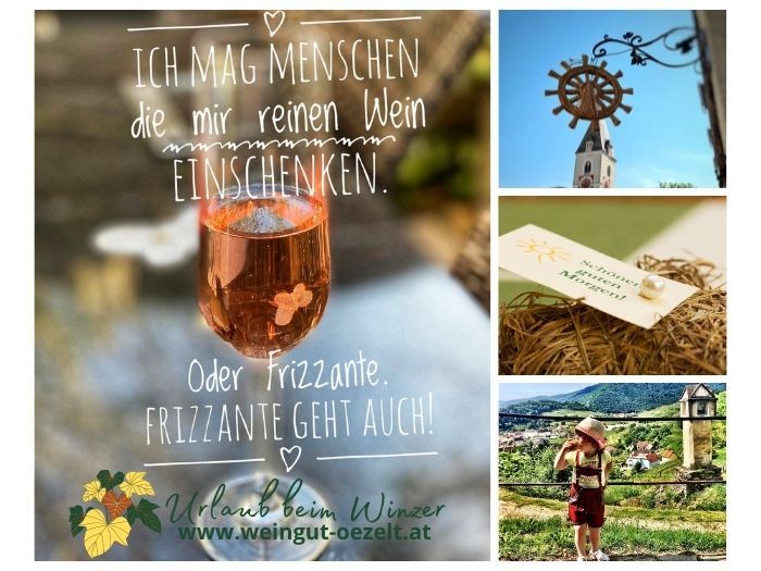 Collage mit Wein, Kirche, Etikett und Kind in der Wachau.