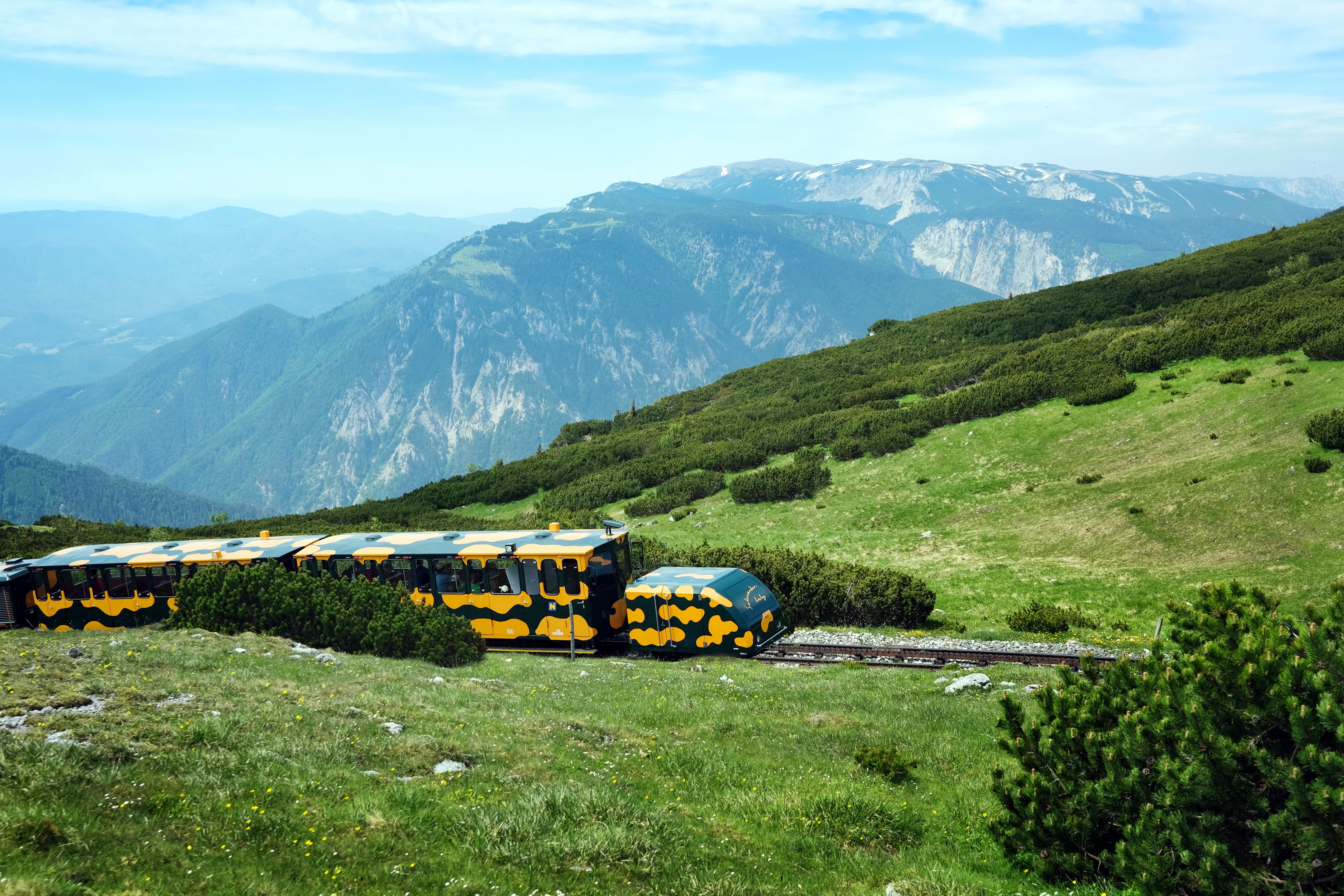 Eine gelb-blaue Bahn fährt durch eine grüne Berglandschaft mit Bergen im Hintergrund.