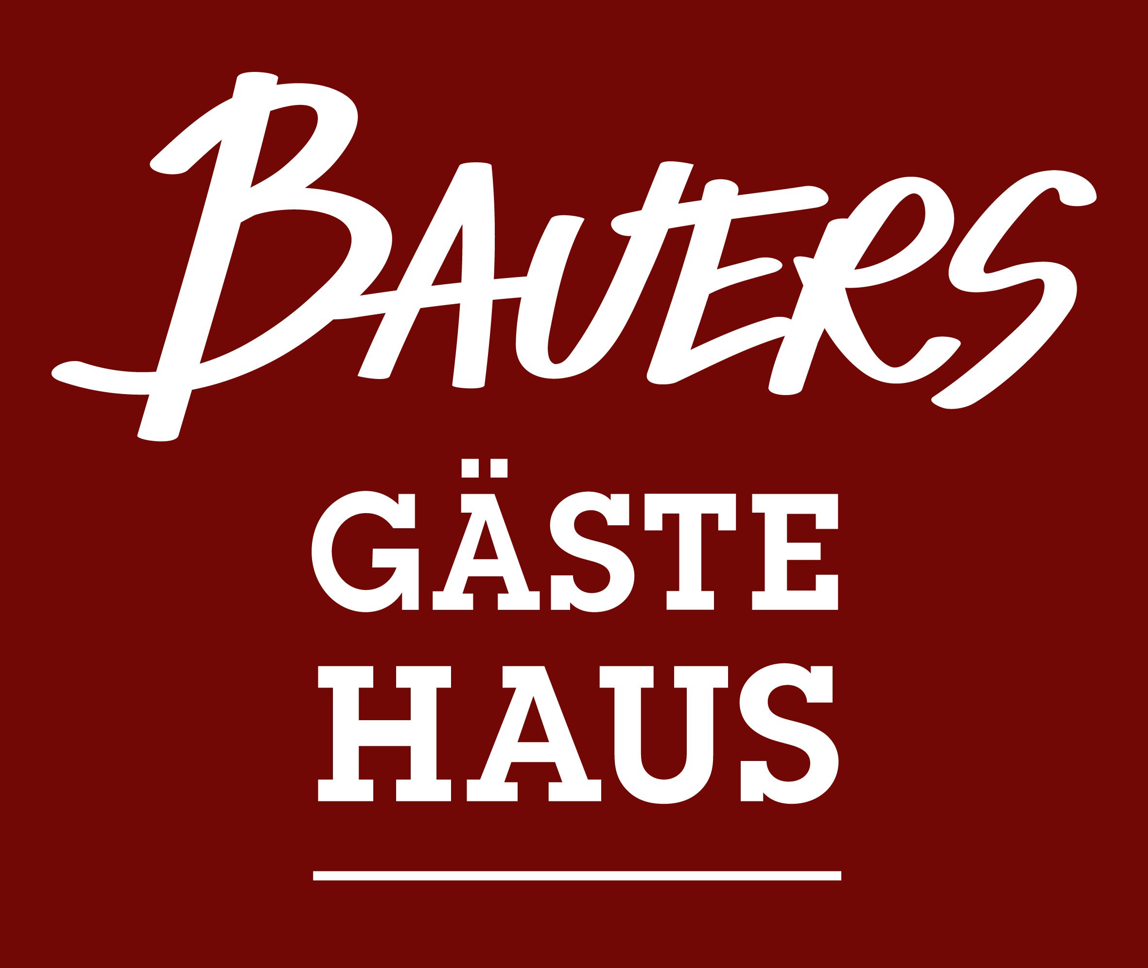 Logo mit dem Text 'Bauers Gästehaus' in Weiß auf dunkelrotem Hintergrund.