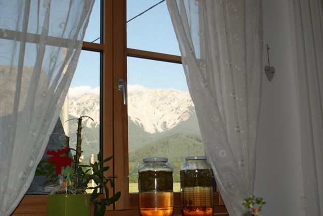 Blick aus einem Fenster mit Vorhängen auf einen Berg. Zwei Gläser mit Flüssigkeit stehen auf der Fensterbank.