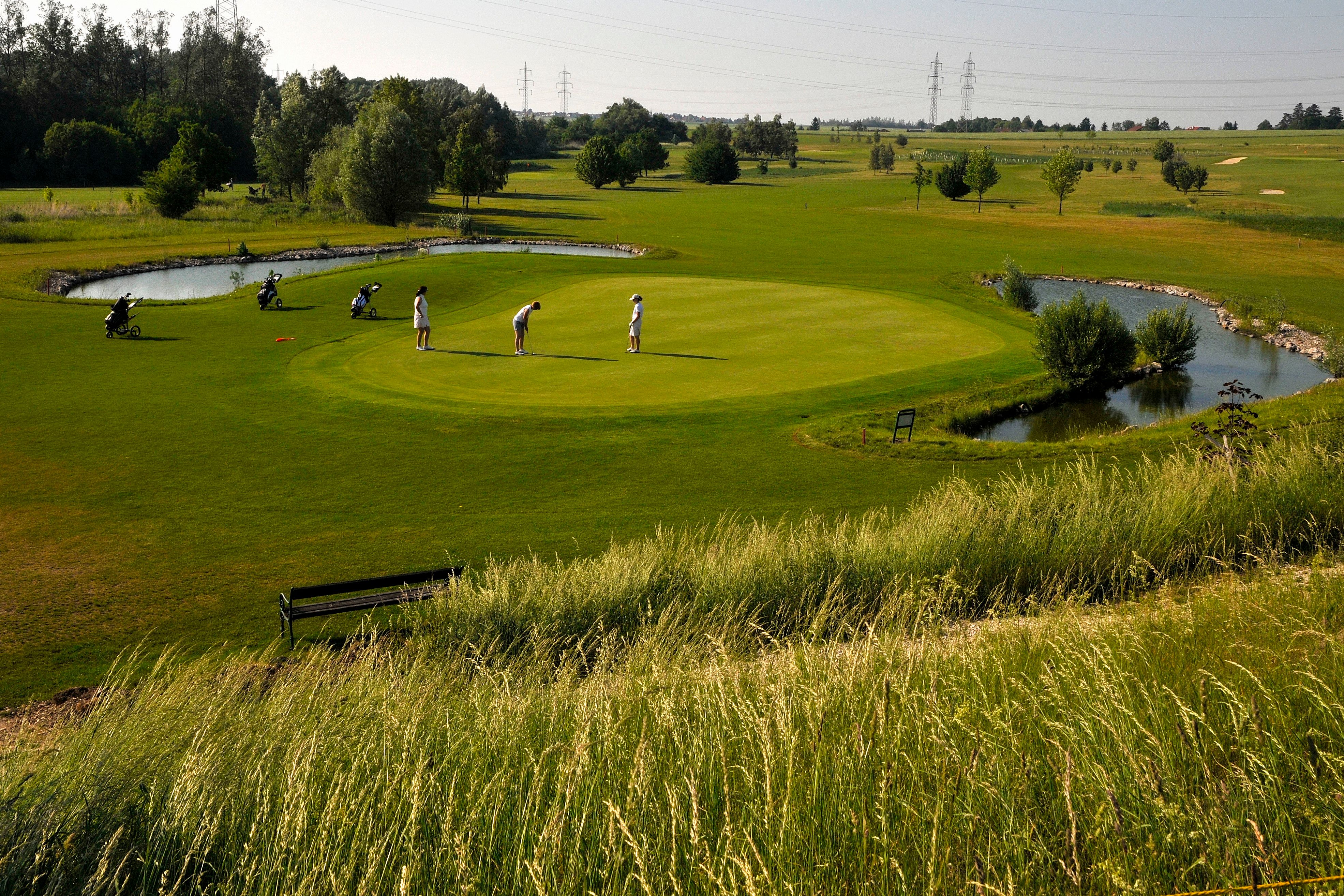 Golfer auf einem grünen Golfplatz mit Teich und Bäumen im Hintergrund.