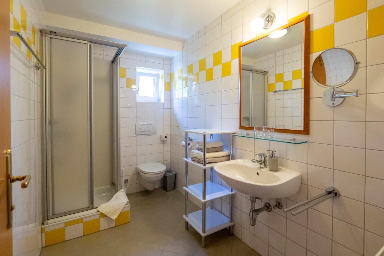 Badezimmer mit Dusche, WC, Waschbecken und Spiegel.