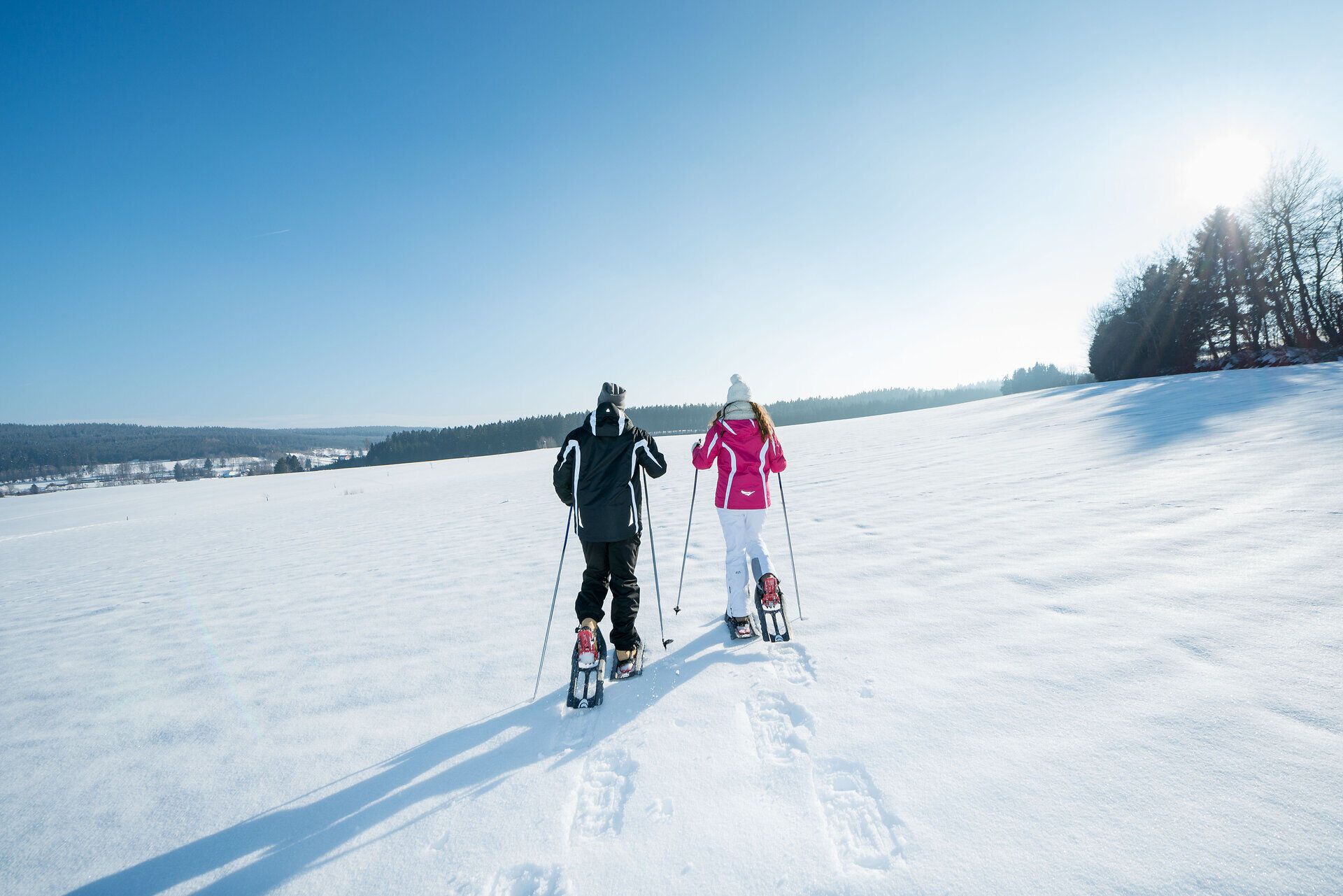 Zwei Personen beim Schneeschuhwandern auf einem verschneiten Feld unter blauem Himmel.