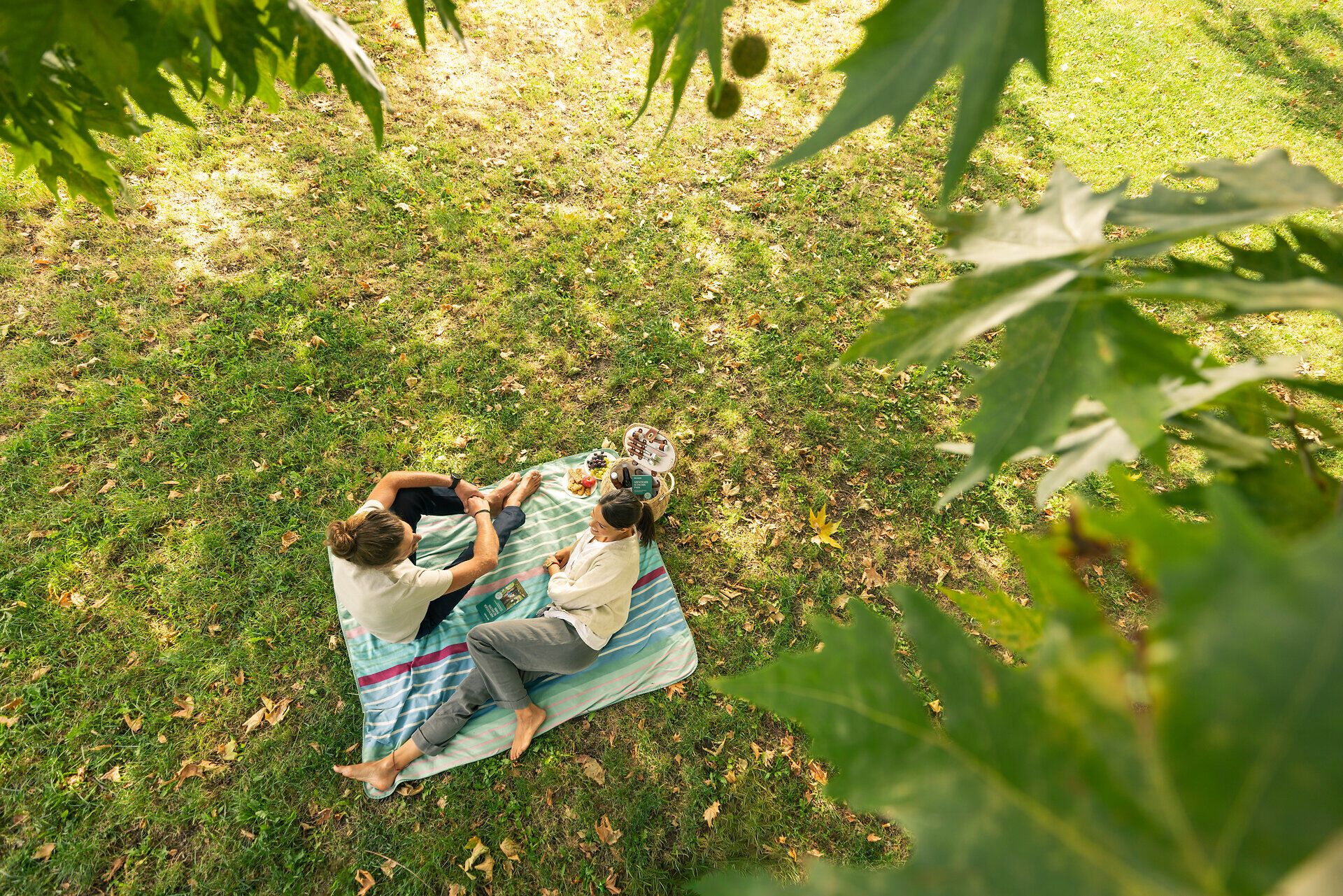 Im Henriettenpark in Bad Vöslau genießen ein Mann und eine Frau die sommerliche Ruhe auf einer türkis-blauen, gestreiften Picknickdecke. Der Picknickkorb neben ihnen ist gefüllt mit Köstlichkeiten, während sich über ihnen das dichte Blattwerk wie ein grüner Baldachin spannt. Die Szenerie wirkt idyllisch und unbekümmert, wie ein stilles Sommergemälde mitten im Wienerwald.