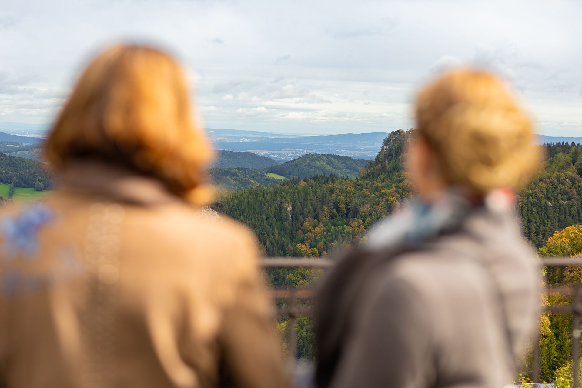 Zwei unscharfe Personen blicken auf eine bewaldete Berglandschaft mit Fernsicht.