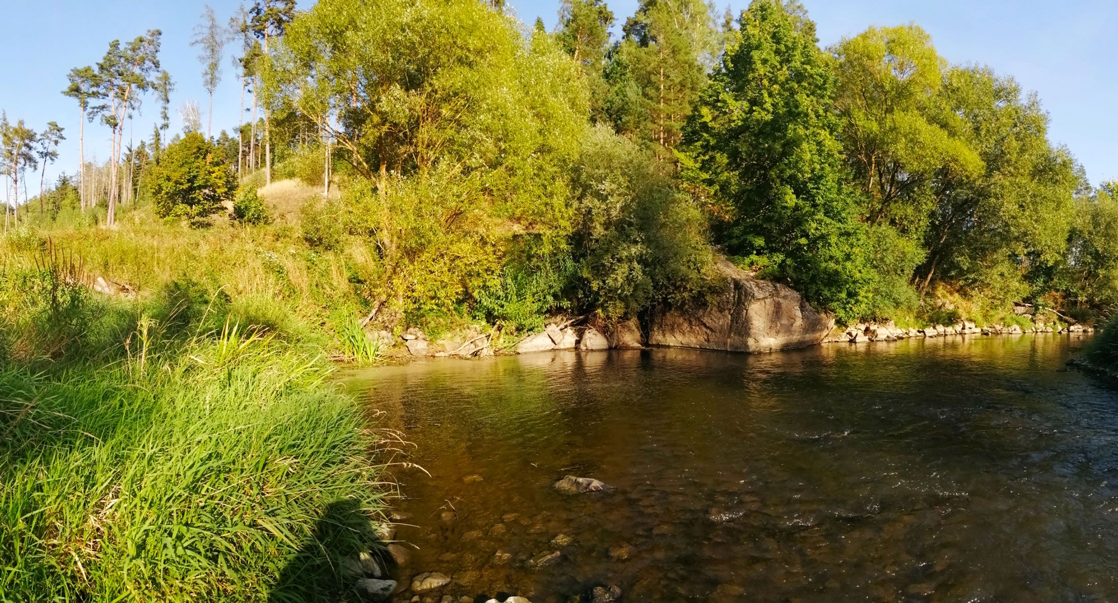 Flusslandschaft mit Bäumen und Felsen am Ufer.