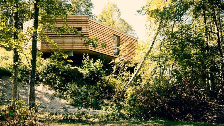 Modernes Holzhaus auf Stelzen in einem Waldgebiet.