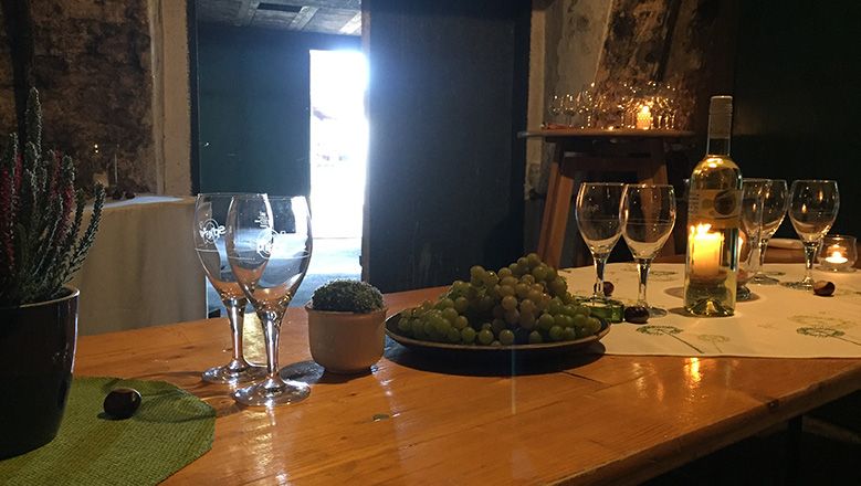 Ein Tisch in einem Keller mit Weinflasche, Gläsern, Trauben und Kerzen.