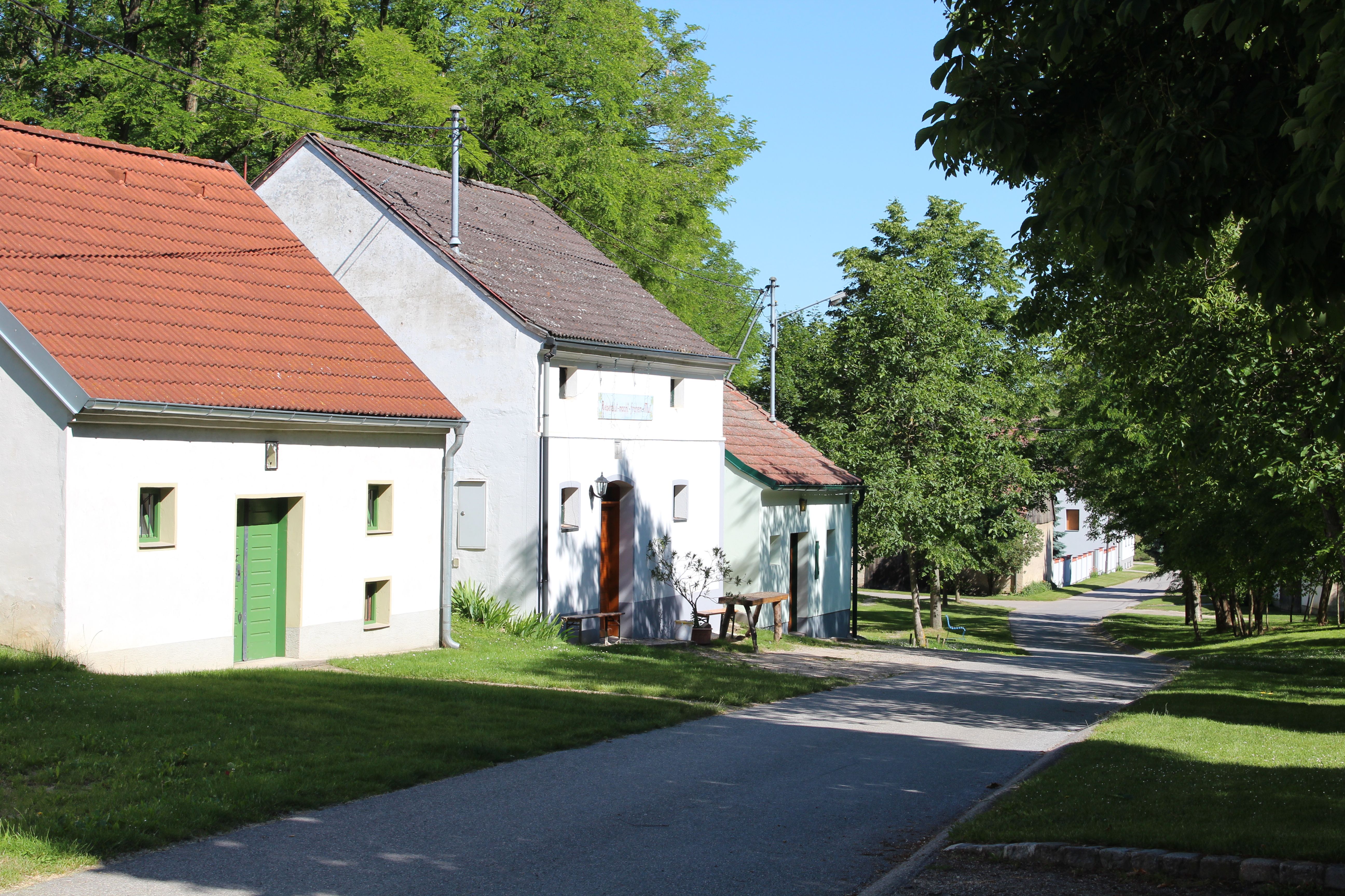 Eine ruhige Straße mit traditionellen Häusern und grünen Bäumen an einem sonnigen Tag.