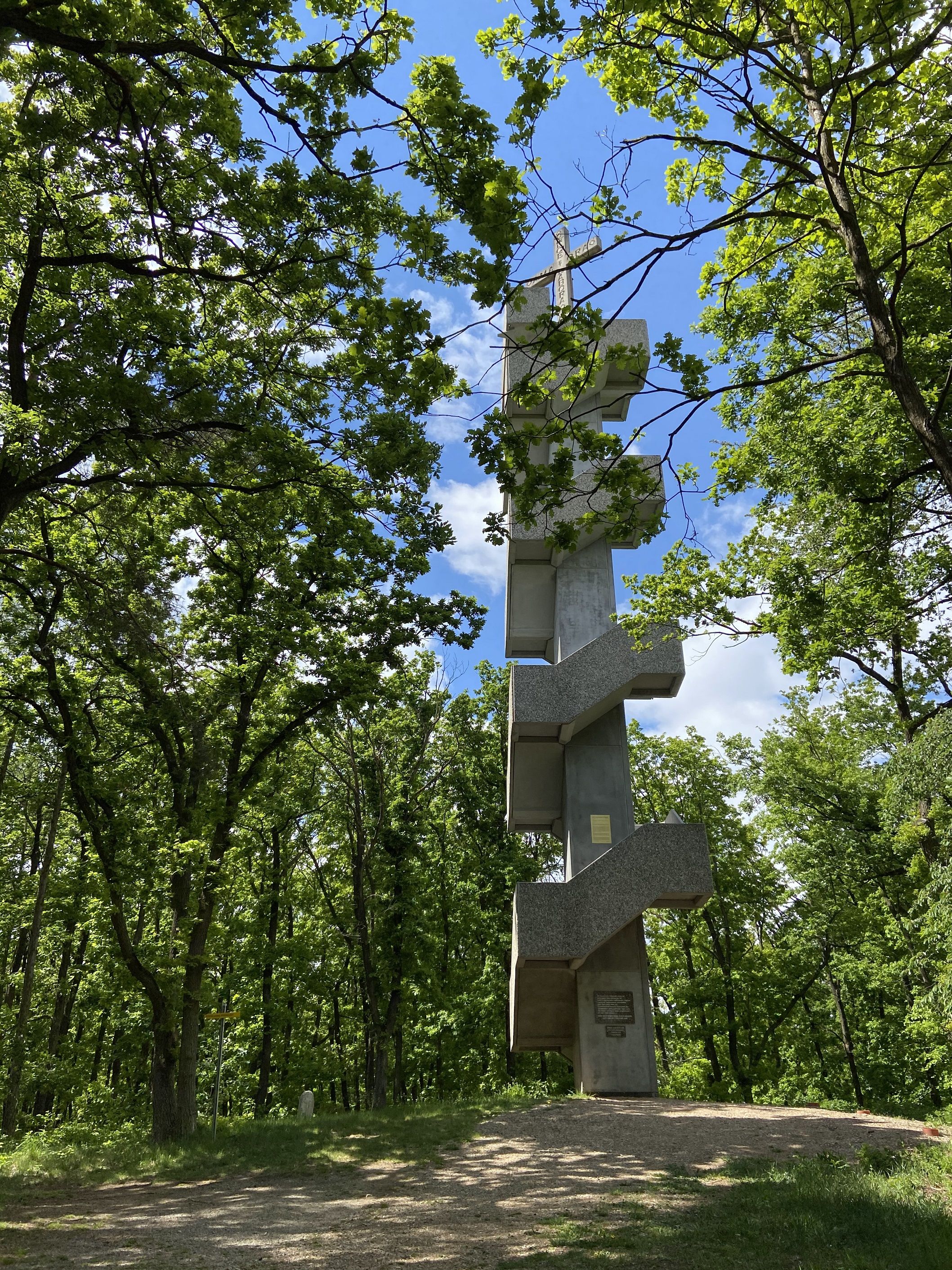 Ein moderner Aussichtsturm in einem Waldgebiet mit blauem Himmel.