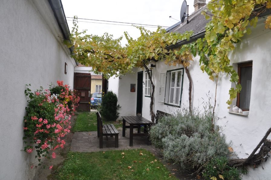 Ein gemütlicher Innenhof mit Holztisch und Bänken, umgeben von weißen Wänden, Blumen und Weinreben.