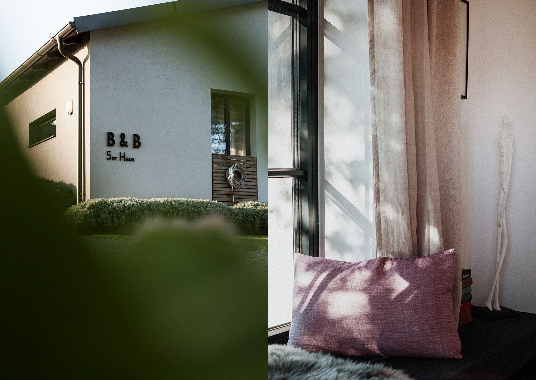 Außenansicht eines B&B mit der Aufschrift '5er Haus' und Innenansicht mit lila Kissen und Vorhängen.