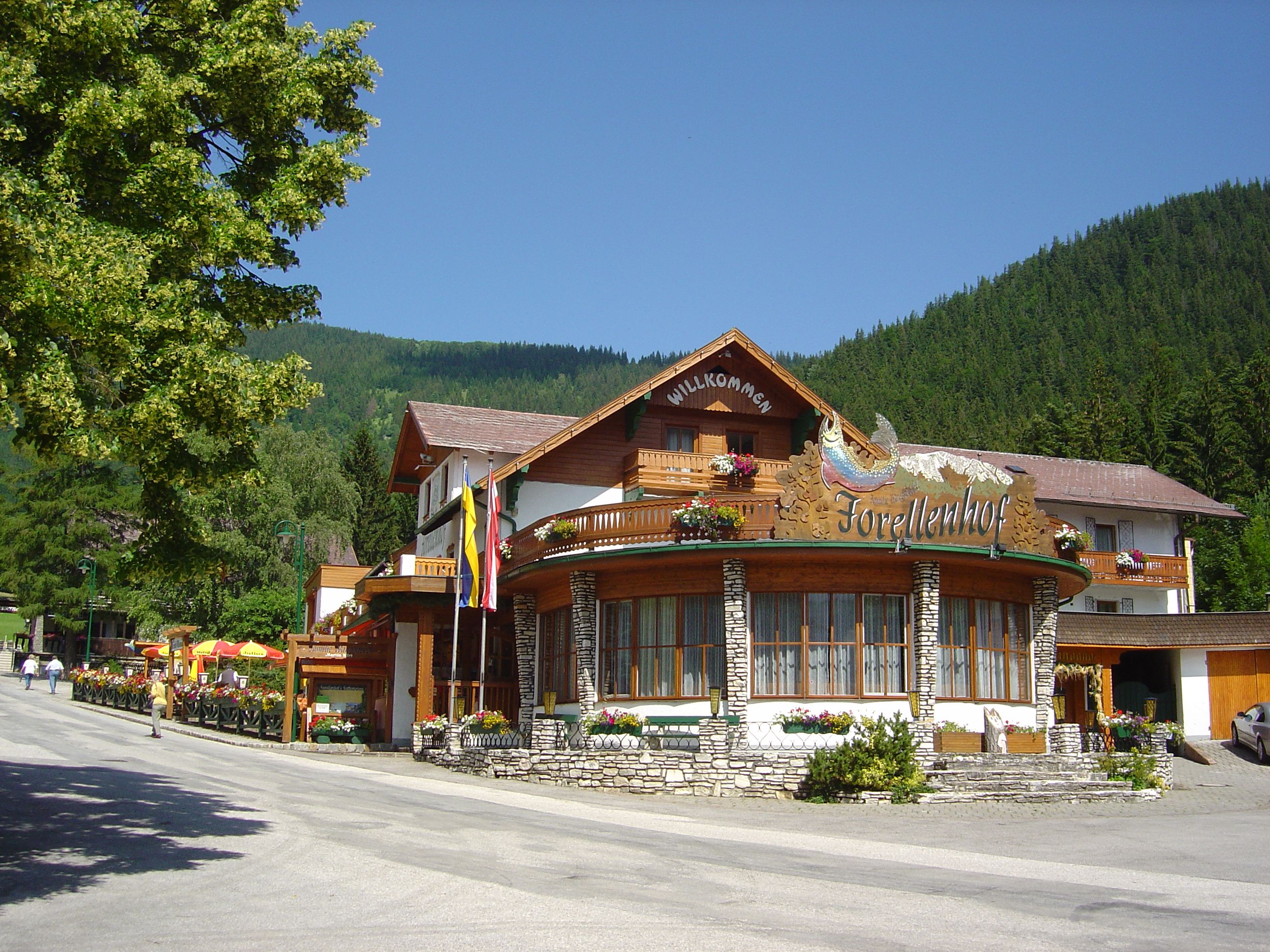 Ein traditionelles Hotel mit Holzfassade und Blumen, umgeben von Bergen und Bäumen.