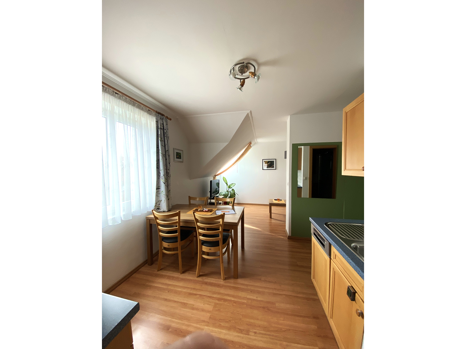 Innenansicht einer Ferienwohnung mit Esstisch, Stühlen und Küchenzeile.