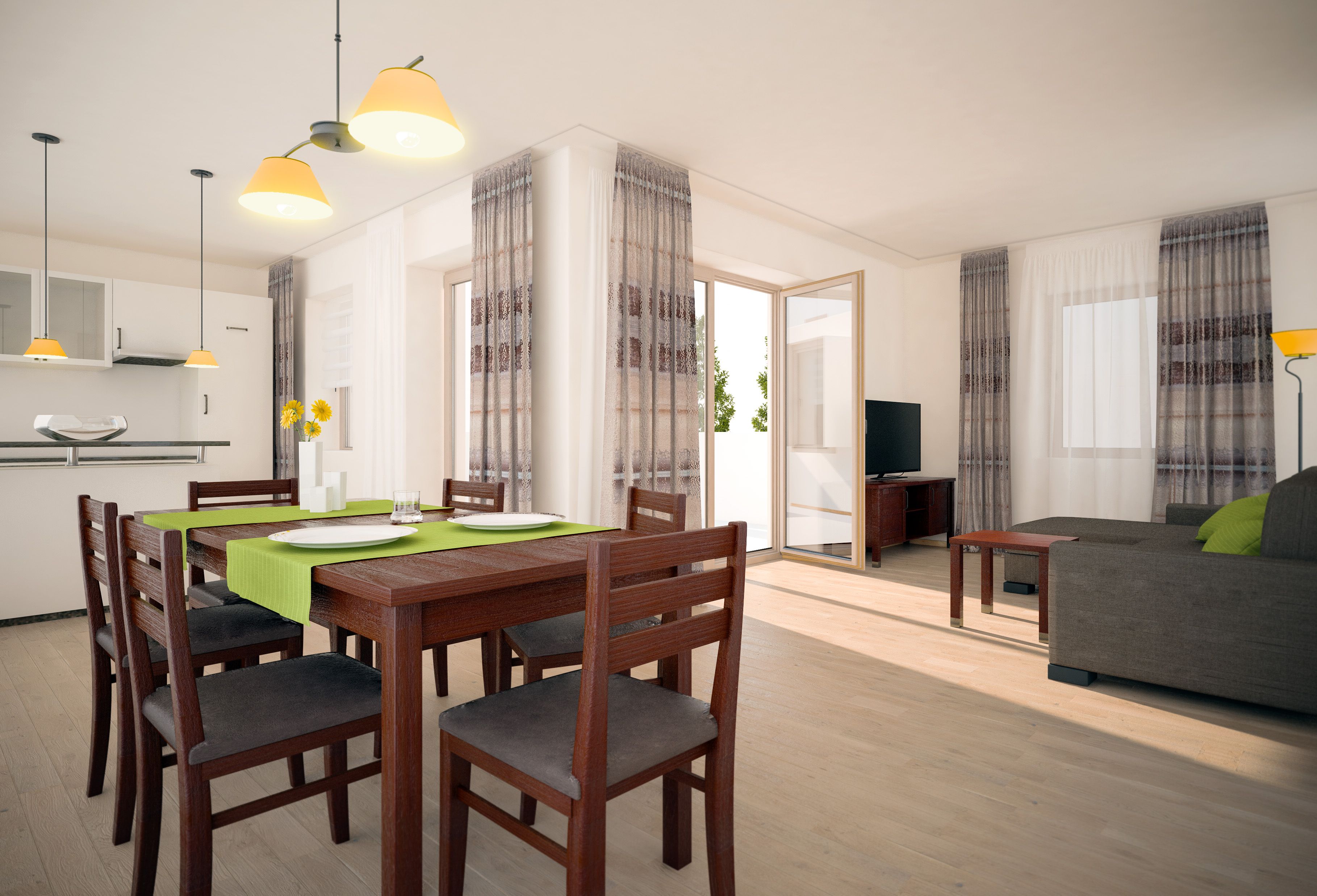 Modernes Wohnzimmer mit Esstisch, Stühlen, Sofa und Fernseher.