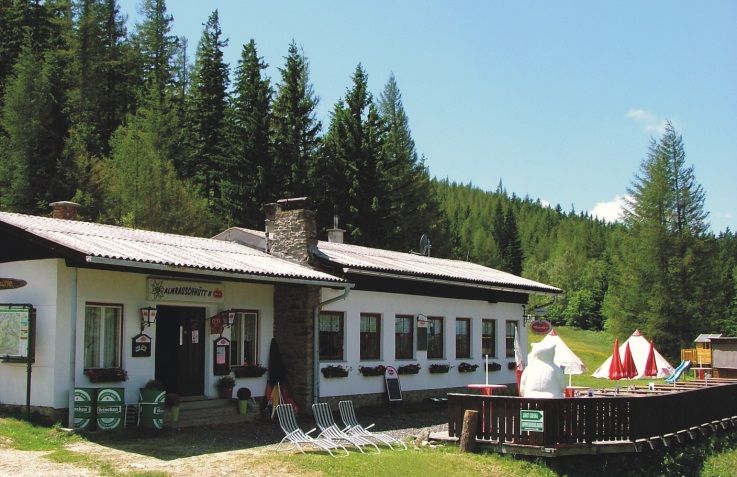 Almrauschhütte in einer Waldlandschaft mit Sonnenschirmen und Liegestühlen.