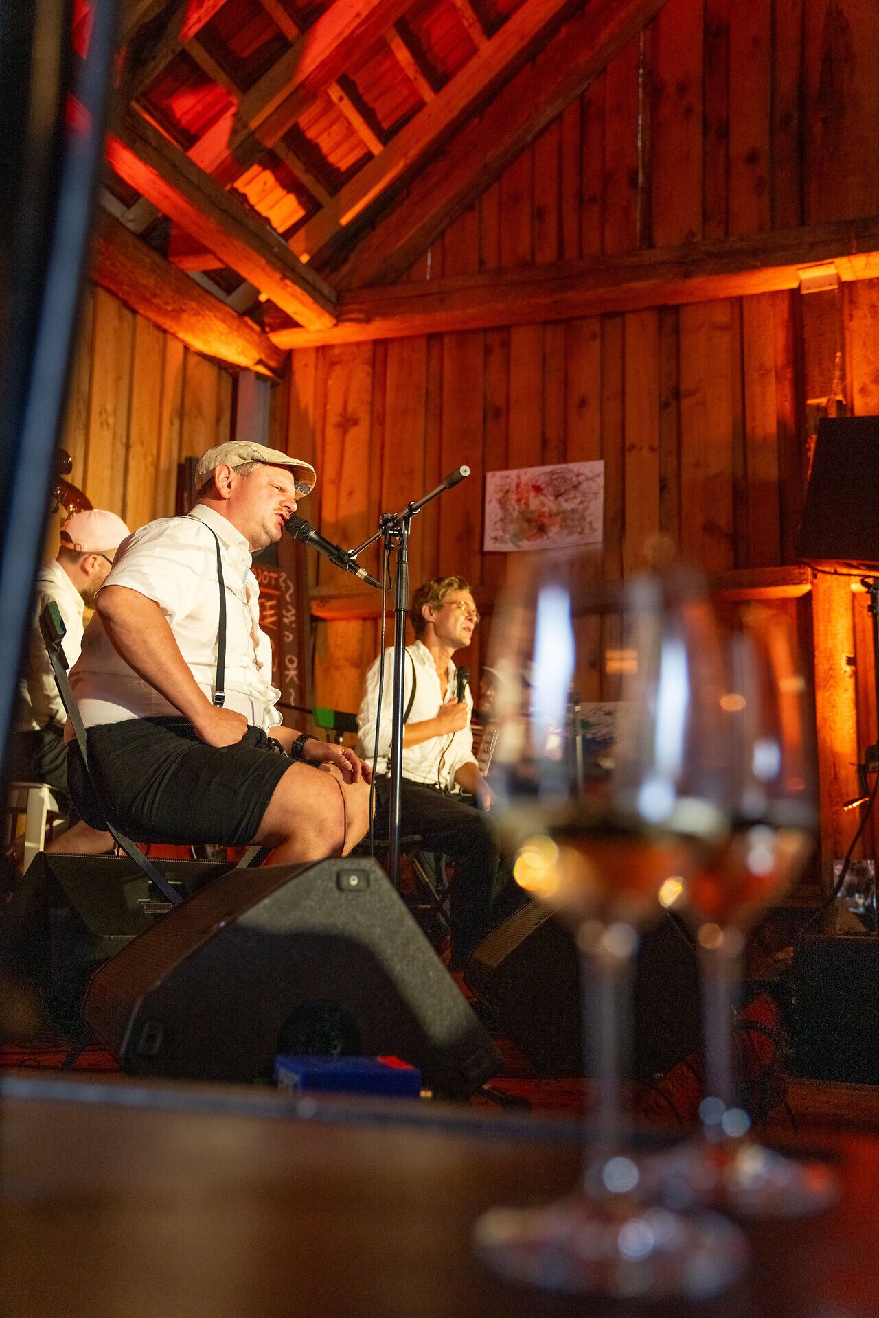 In der warmen Atmosphäre des Winzerhofs Altmann genießen die Gäste die Klänge traditioneller Musik, während sie sich mit einem Glas frischem Most entspannen. Die rustikale Holzarchitektur und das sanfte Licht schaffen eine einladende Stimmung, die zum Verweilen einlädt.
