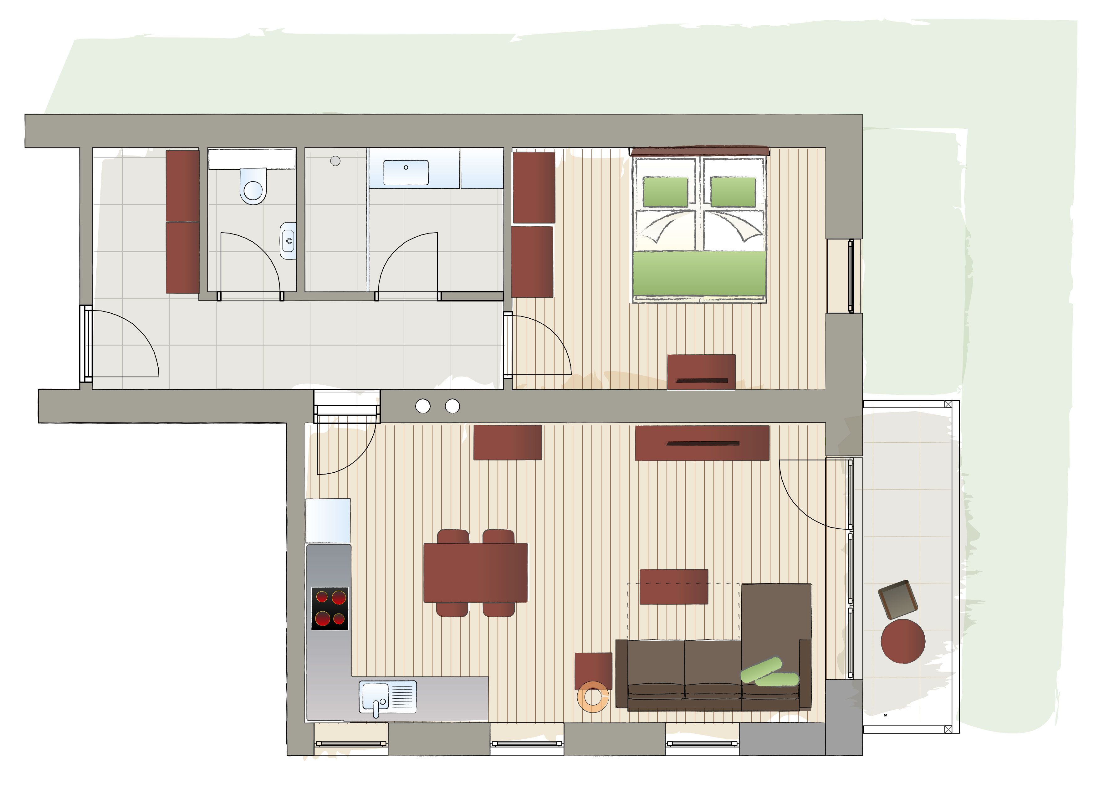 Grundriss einer Wohnung mit Schlafzimmer, Wohnzimmer, Küche und Bad.
