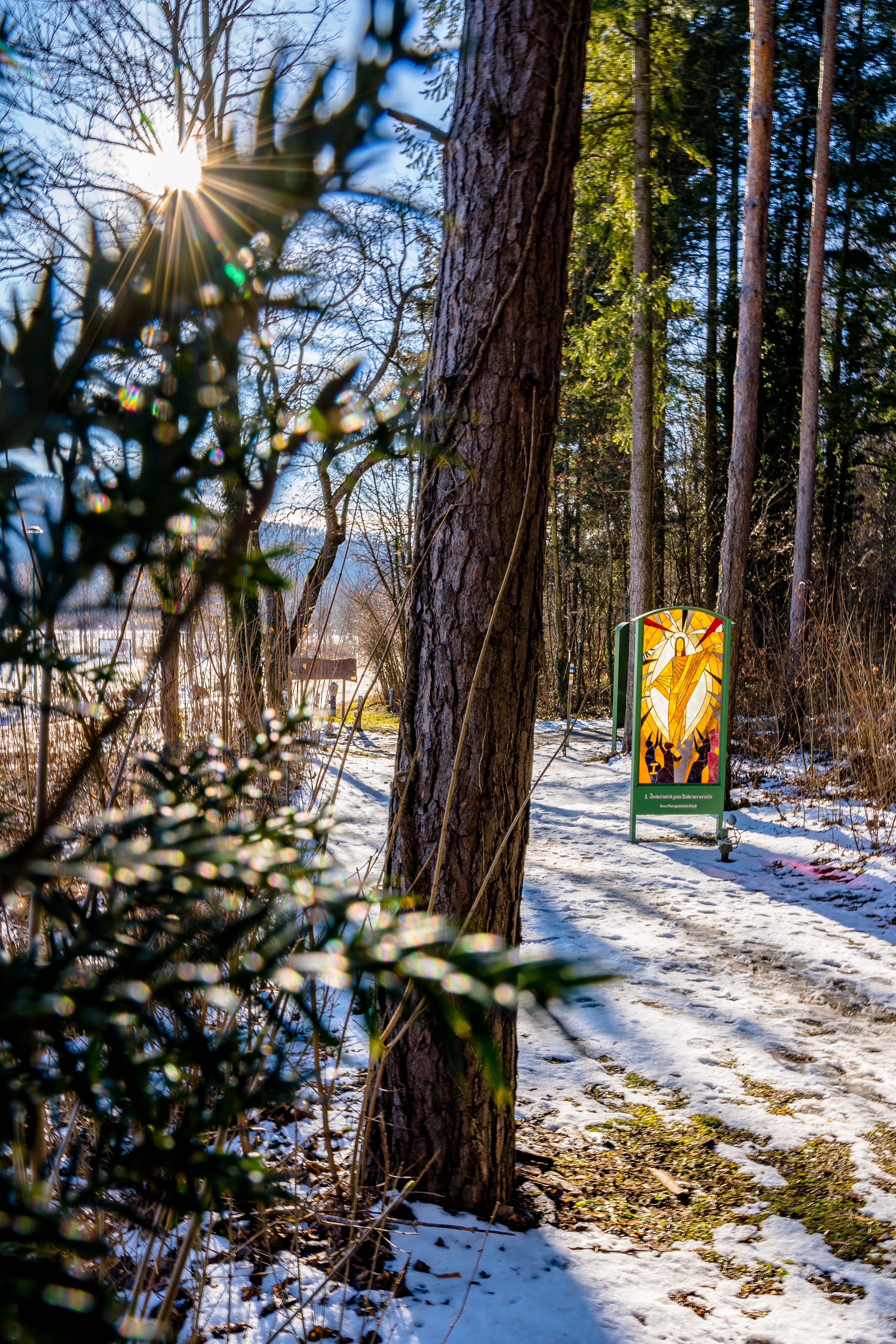 Winterlandschaft mit Sonne, Bäumen und religiösem Glasbild in Bad Erlach.
