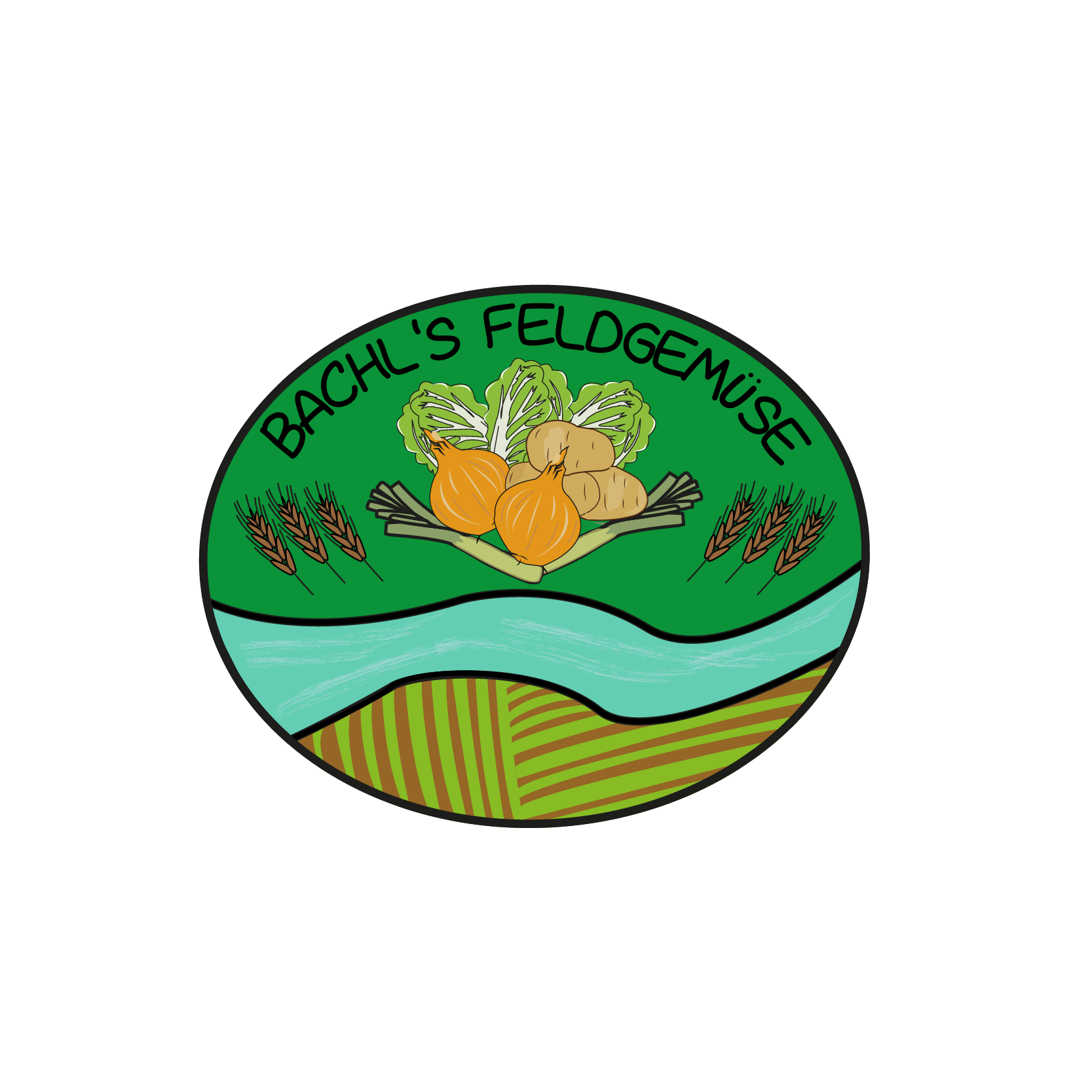 Logo von Bachl's Feldgemüse mit Gemüse und Landschaft.