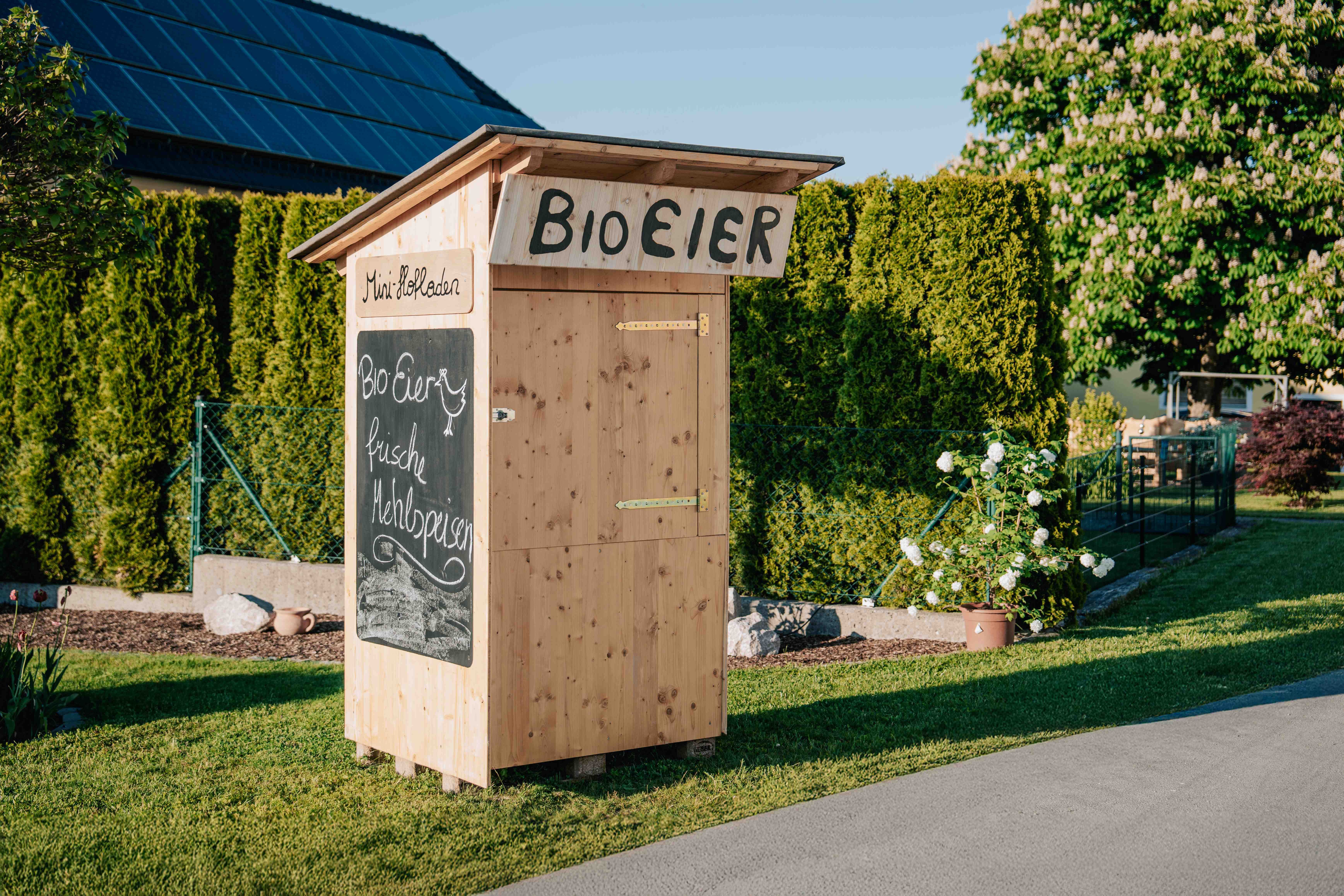 Bio Eier und frische Mehlspeisen werden auf einem Schild angepriesen, das vor dem kleinen Holzhofladen direkt vor dem Wieserhof angebracht ist