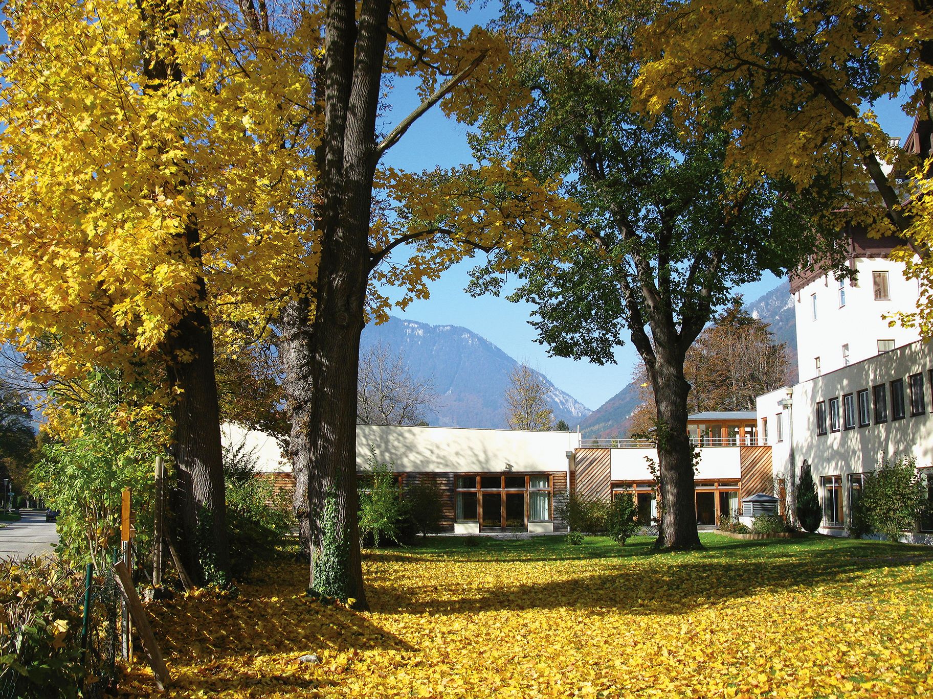 Herbstszene mit Hotelgebäude und gelben Blättern auf dem Boden.