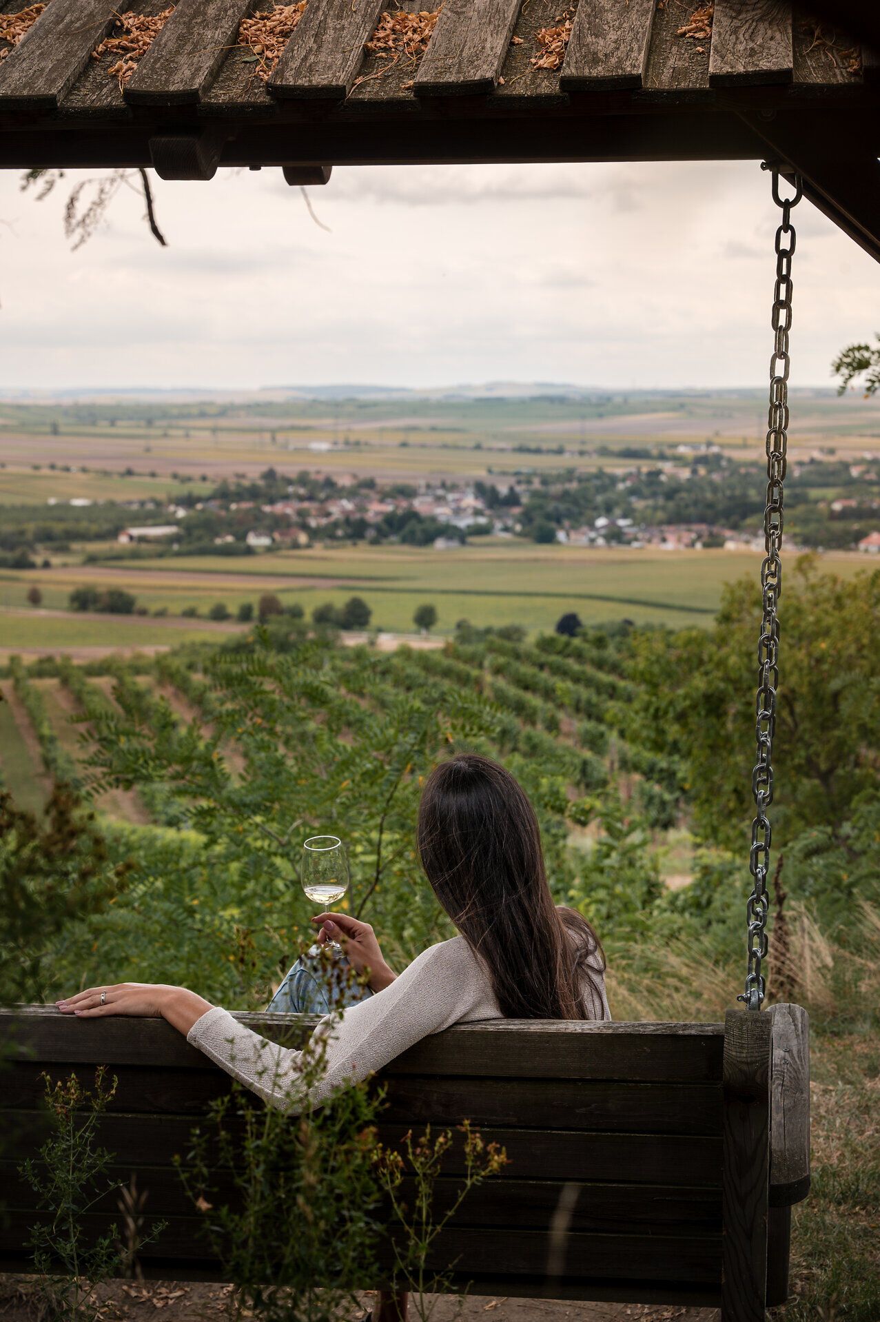 Eine Frau sitzt auf einer großen Holzschaukel und genießt den Ausblick auf die Weinviertler Landschaft mit zahlreichen Weingärten. In der Hand hält sie ein Glas Weißwein.