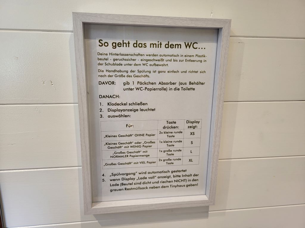 Anleitung zur Nutzung einer speziellen Toilette mit verschiedenen Spüloptionen, in einem Rahmen an der Wand befestigt.