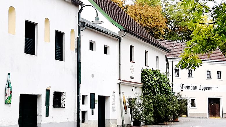 Weiße Gebäude eines Weinkellers mit grünen Pflanzen und Straßenlaternen.