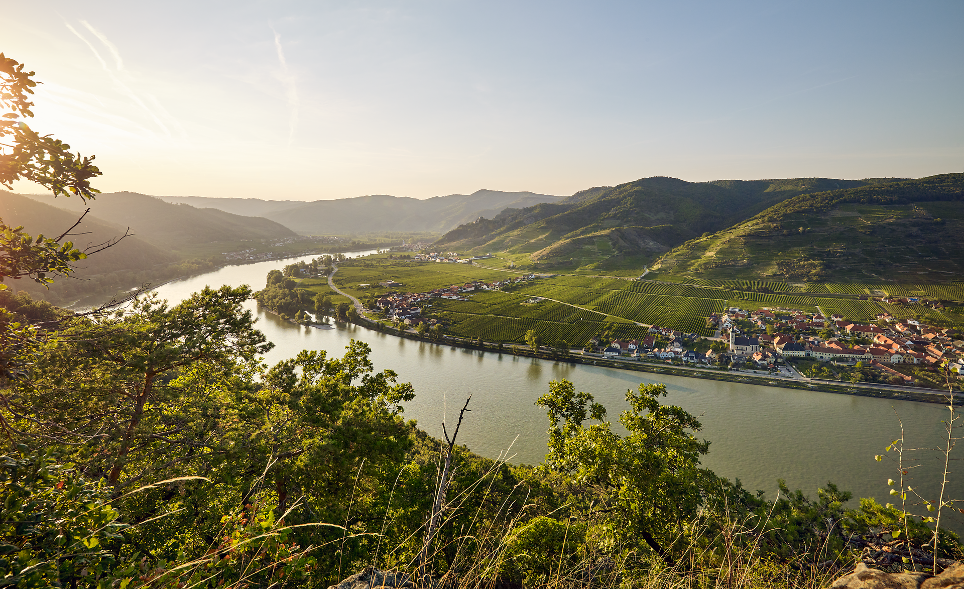 Die sanften Hügel des Dunkelsteinerwaldes umarmen die Donau, während die goldene Abendsonne die Landschaft in warmes Licht taucht. Weinreben schmiegen sich an die Hänge und laden zu einem genussvollen Spaziergang ein, während die ruhige Wasseroberfläche des Flusses die Schönheit der Umgebung widerspiegelt.