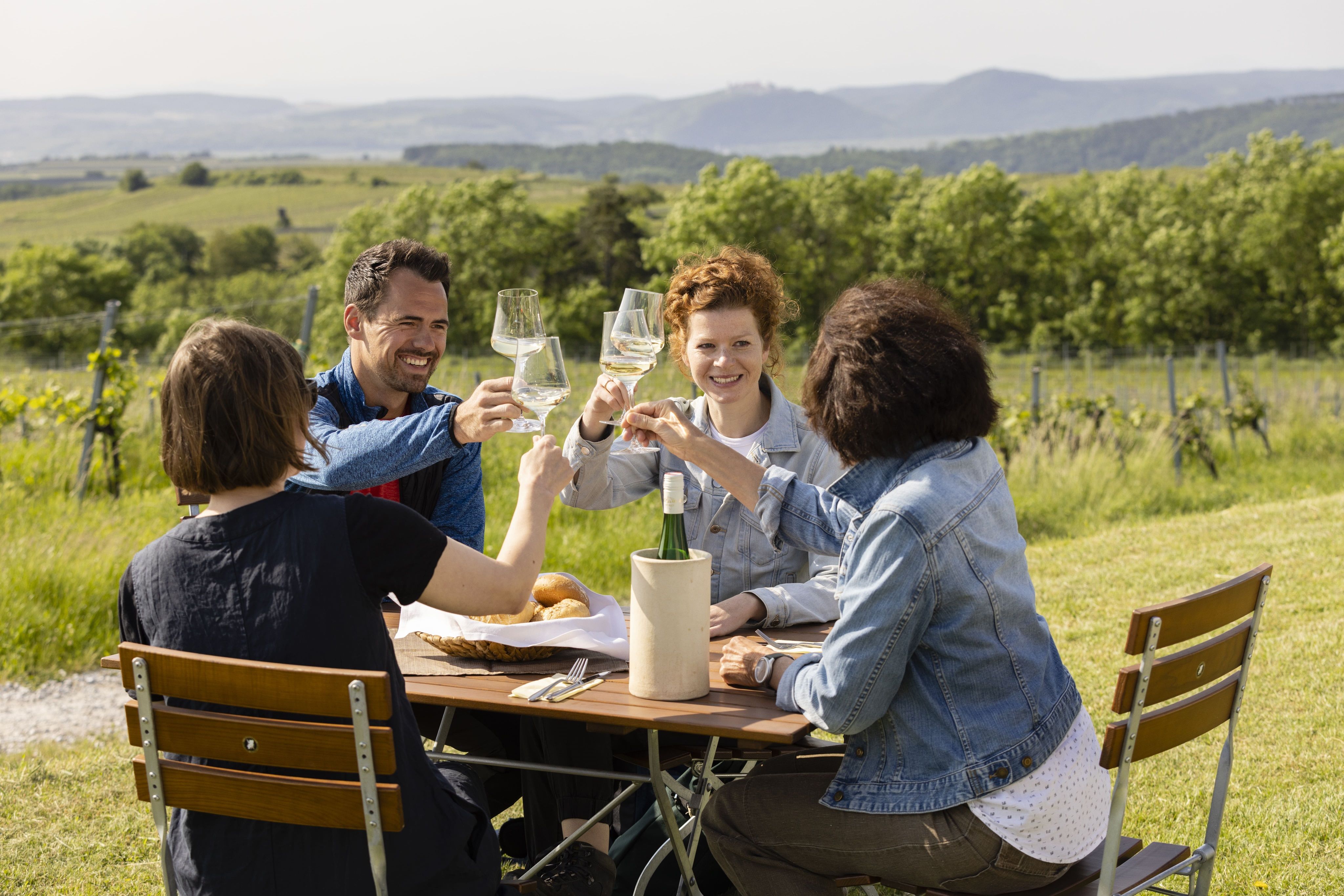 Vier Personen stoßen mit Weingläsern an einem Tisch im Freien an, im Hintergrund Weinberge.