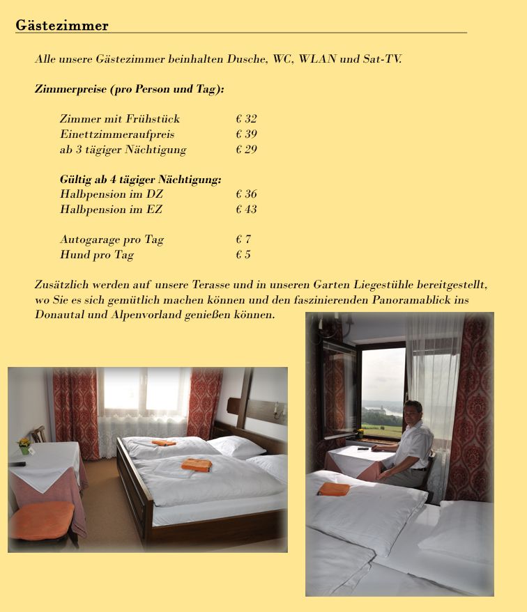 Informationsseite über Gästezimmer mit Preisen und Fotos eines Zimmers mit Aussicht.