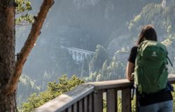 Ein Wanderer genießt die atemberaubende Aussicht auf die majestätischen Berge und die beeindruckende Brücke, die sich elegant in die Landschaft einfügt. Die sanften Hügel und das dichte Grün der Wälder schaffen eine harmonische Kulisse, die zum Verweilen einlädt. Hier, in den Wiener Alpen, wird der Sommer zu einem unvergesslichen Erlebnis.