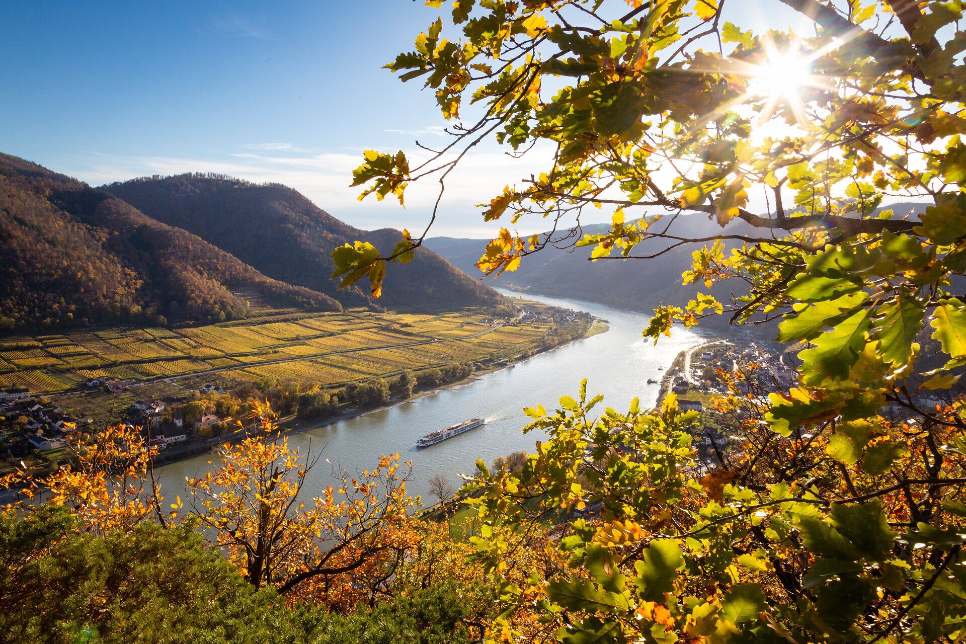 Die goldenen Blätter der Bäume leuchten im warmen Sonnenlicht und spiegeln sich sanft im ruhigen Wasser des Flusses. Diese malerische Landschaft lädt dazu ein, die frische Herbstluft zu genießen und die Schönheit der Natur zu bewundern.