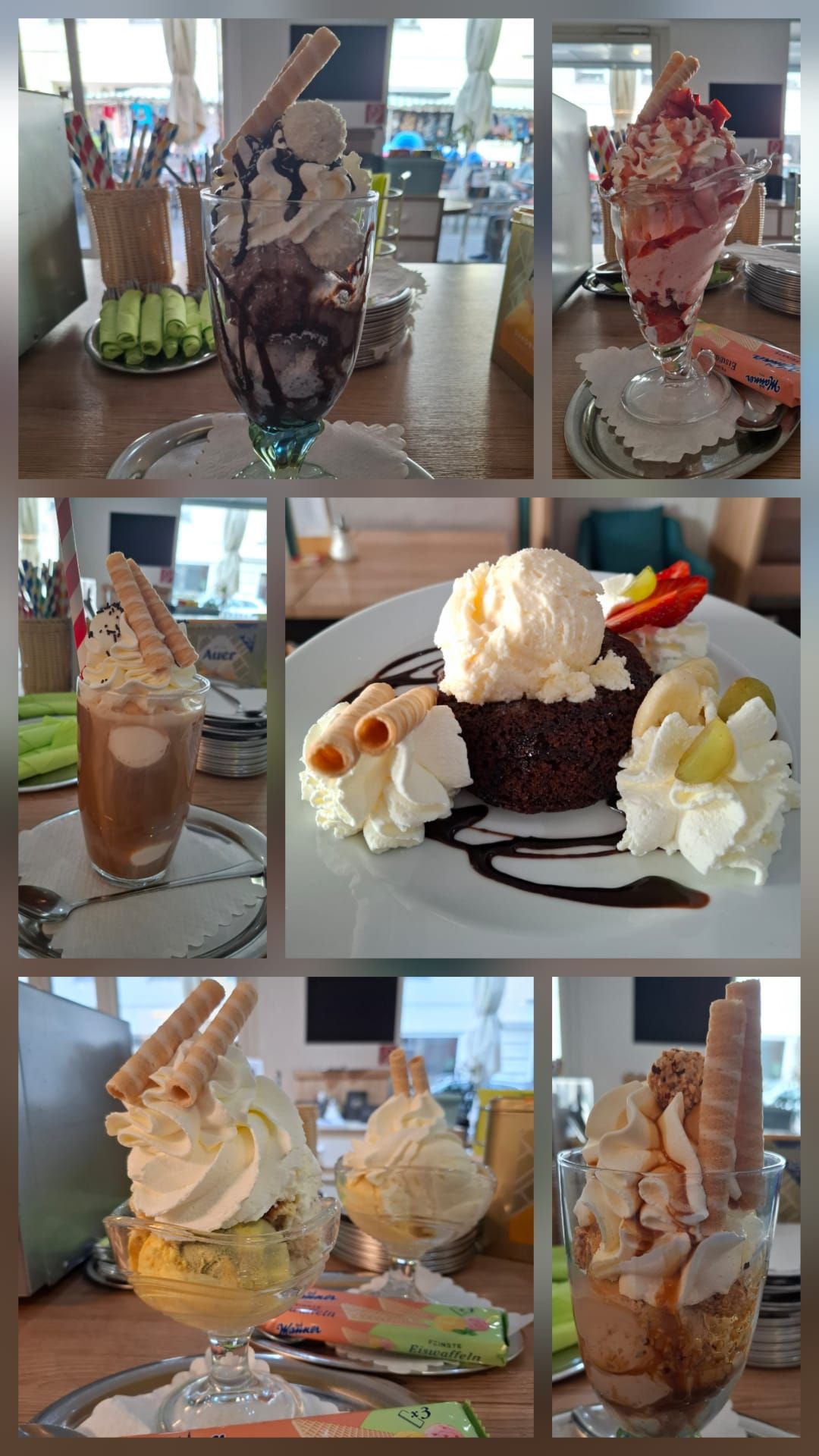 Verschiedene Eisbecher und Desserts in einem Café.