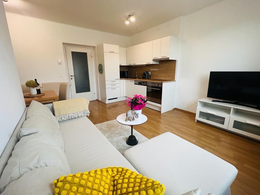 Moderne Wohnküche mit Sofa, Esstisch, Küchenzeile und Fernseher.