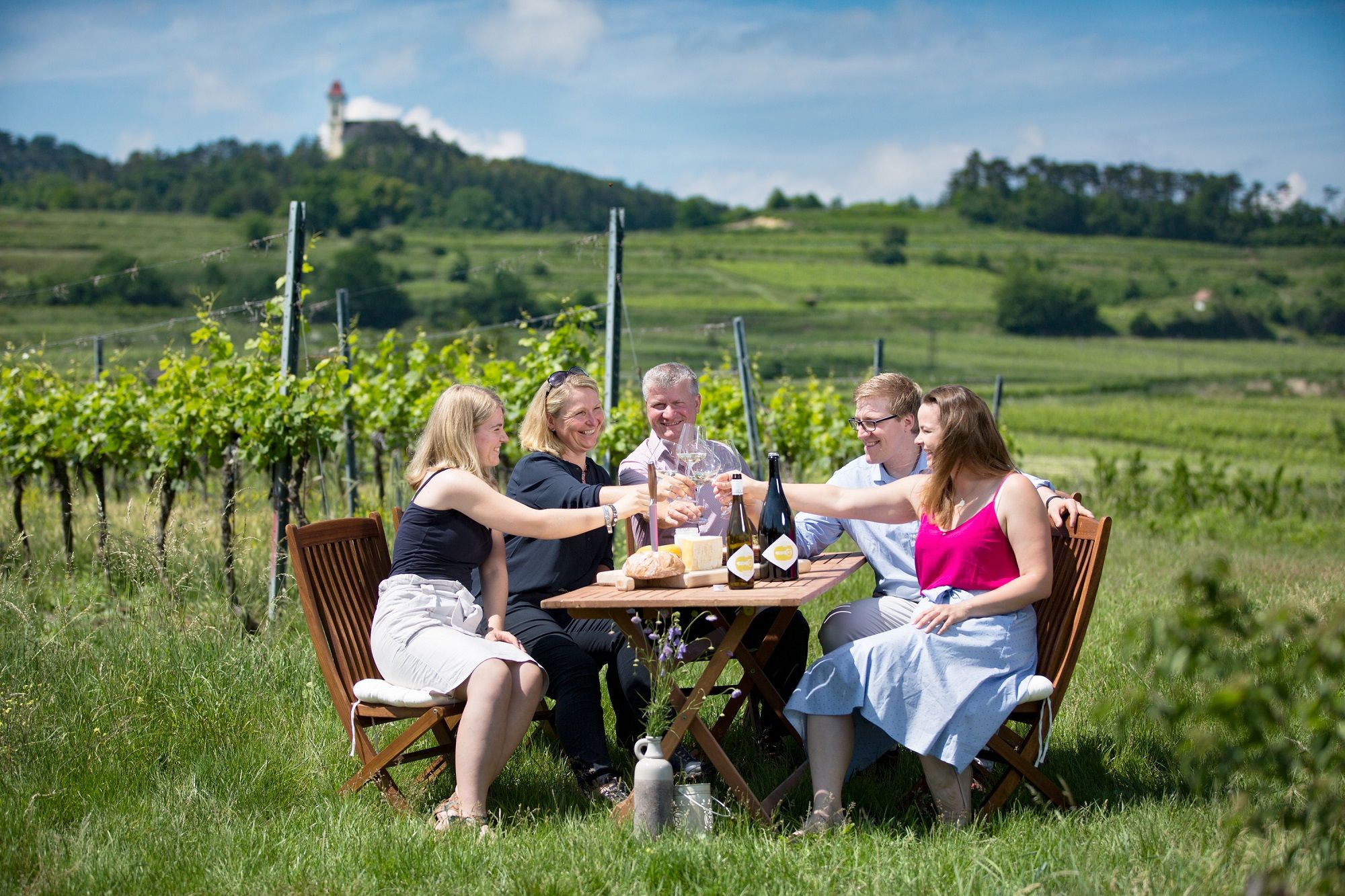 Gruppe von Menschen stößt an einem Tisch im Weinberg an.